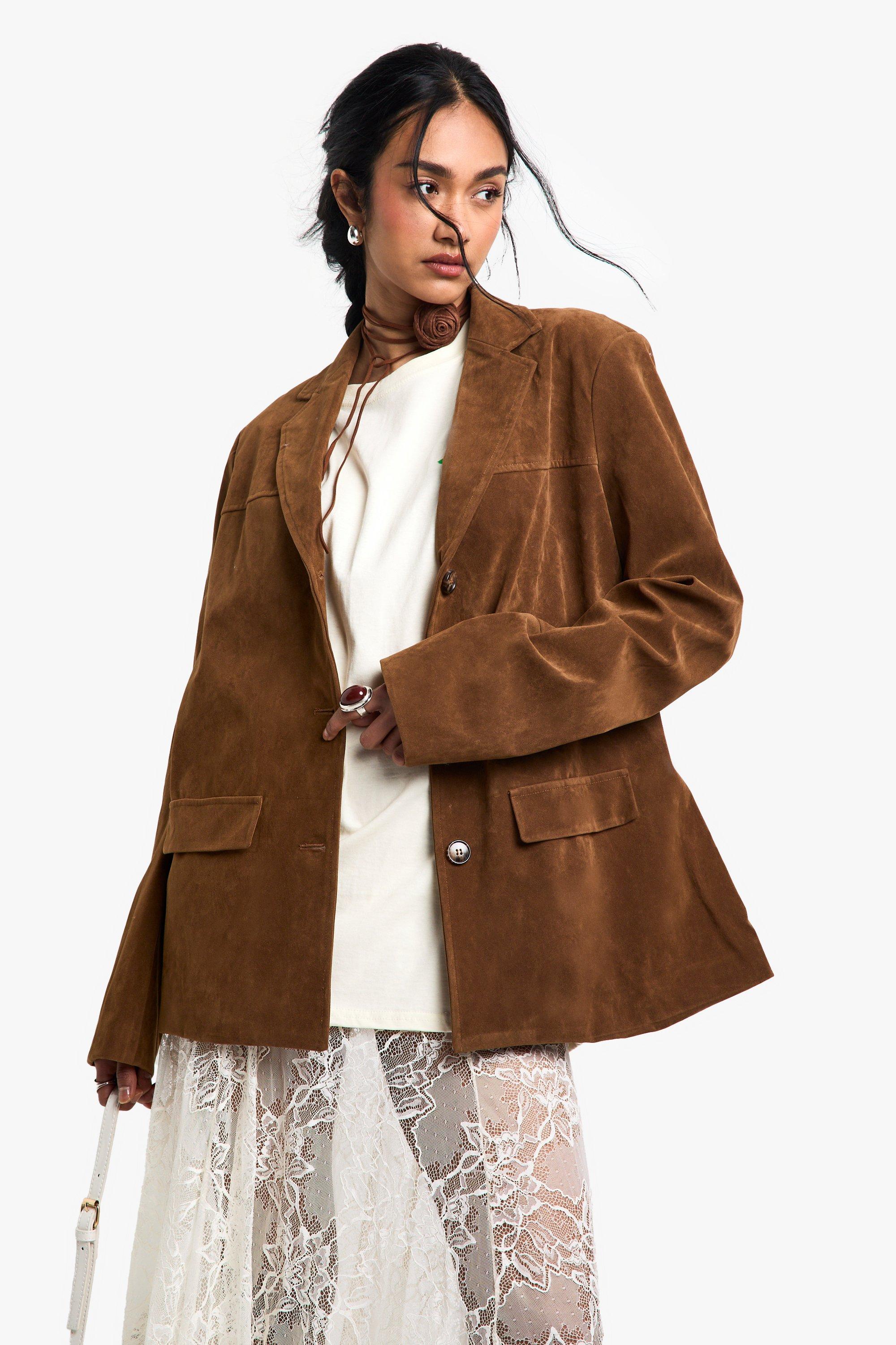 Image of Blazer oversize in scamosciato sintetico effetto vintage, Brown