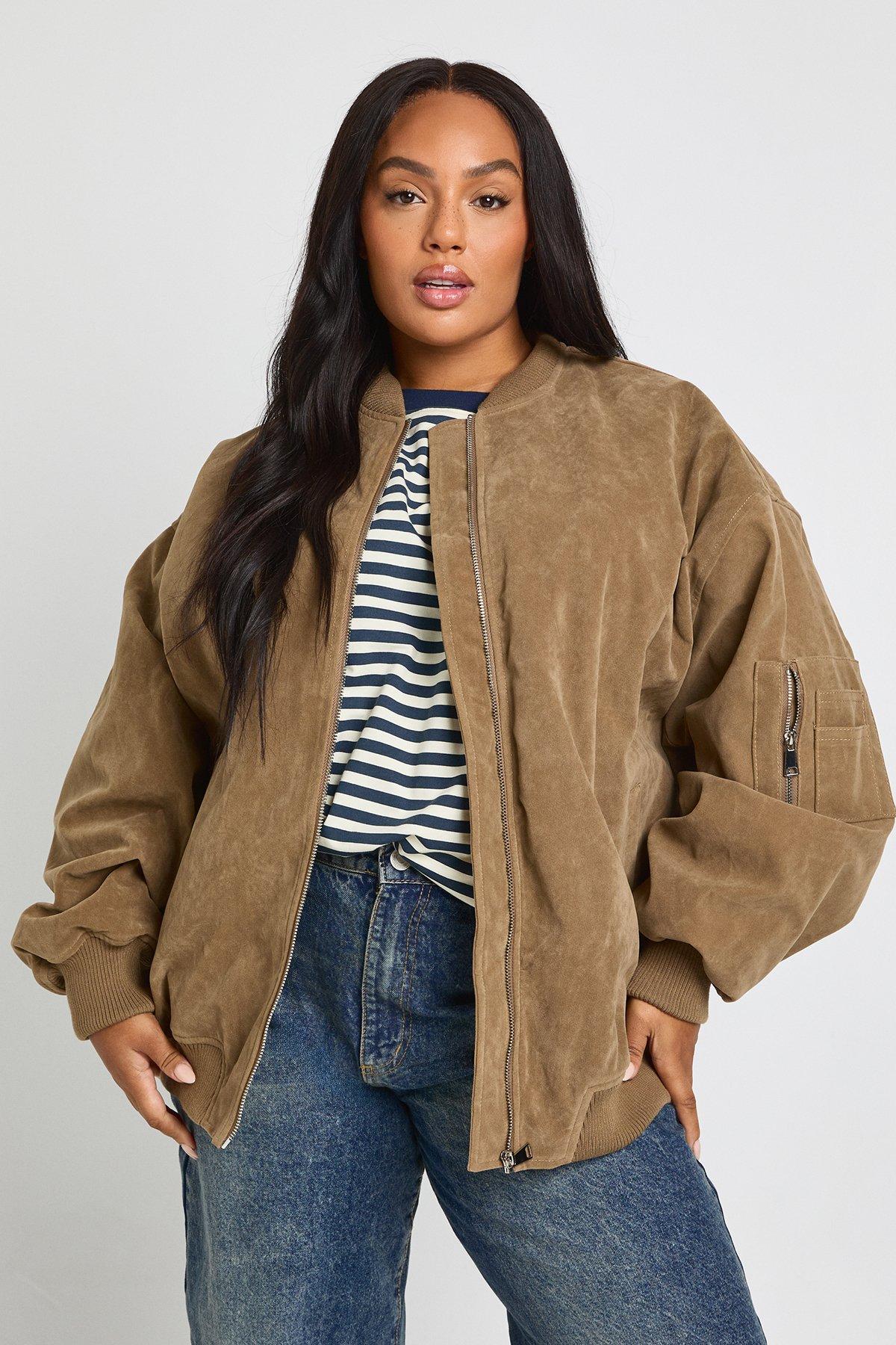 Image of Giacca Bomber Plus Size oversize effetto scamosciato vintage, Beige