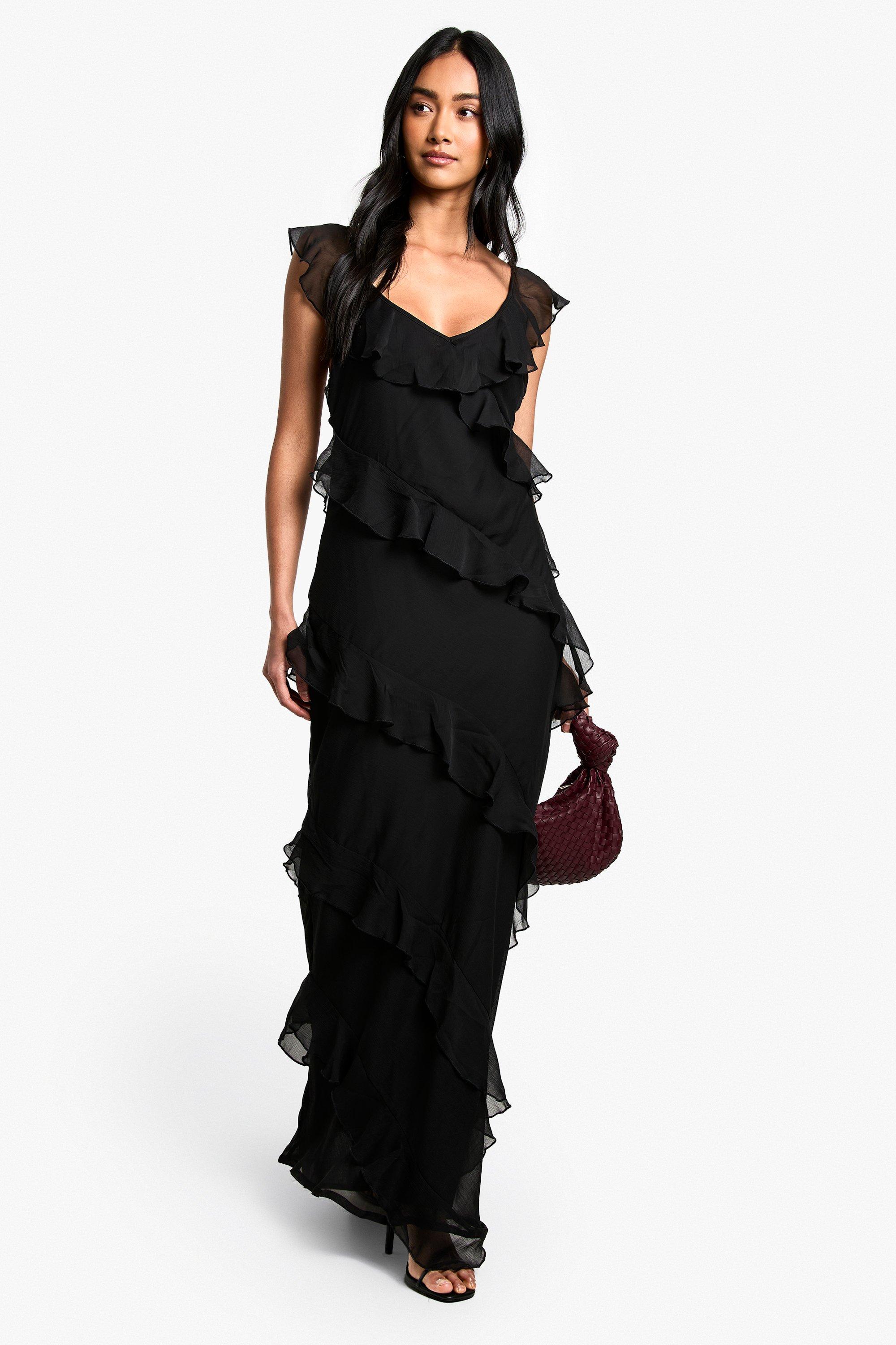 Image of Vestito maxi in chiffon con spalline e arricciature, Nero