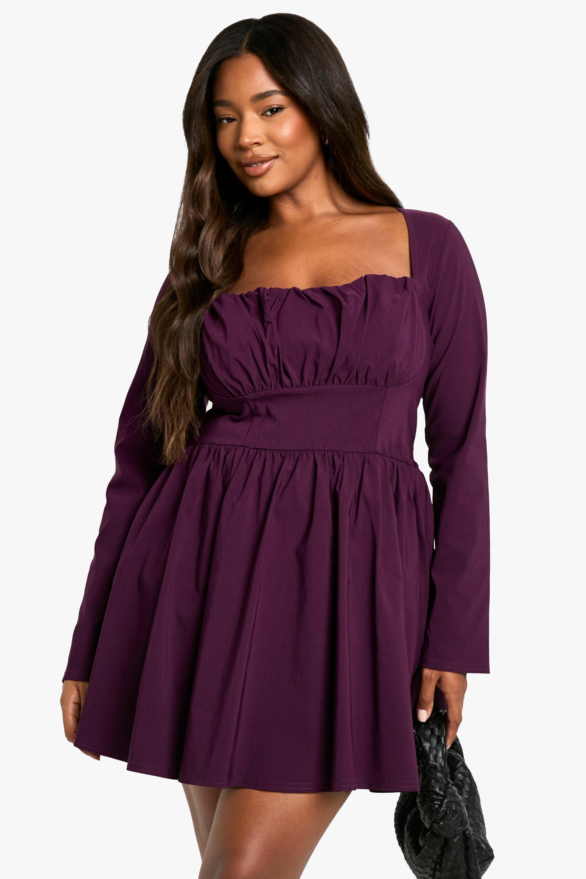 Boohoo Plus Bengaline Skater Jurk Met Korset Detail En Lange Mouwen, Plum