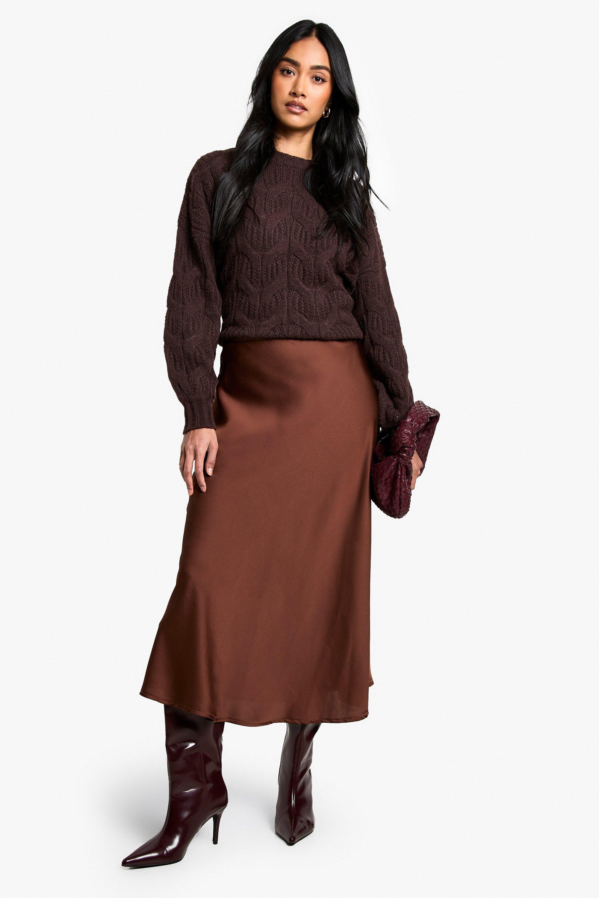 Boohoo Satijnen Midaxi Slip Rok, Chocolate