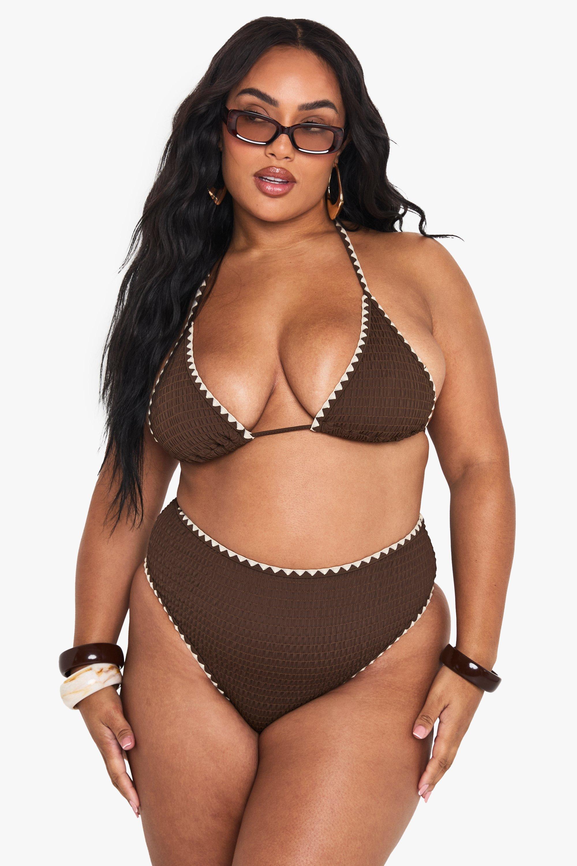 Boohoo Plus Driehoekige Bikini Set Met Contrasterende Stiksels, Chocolate