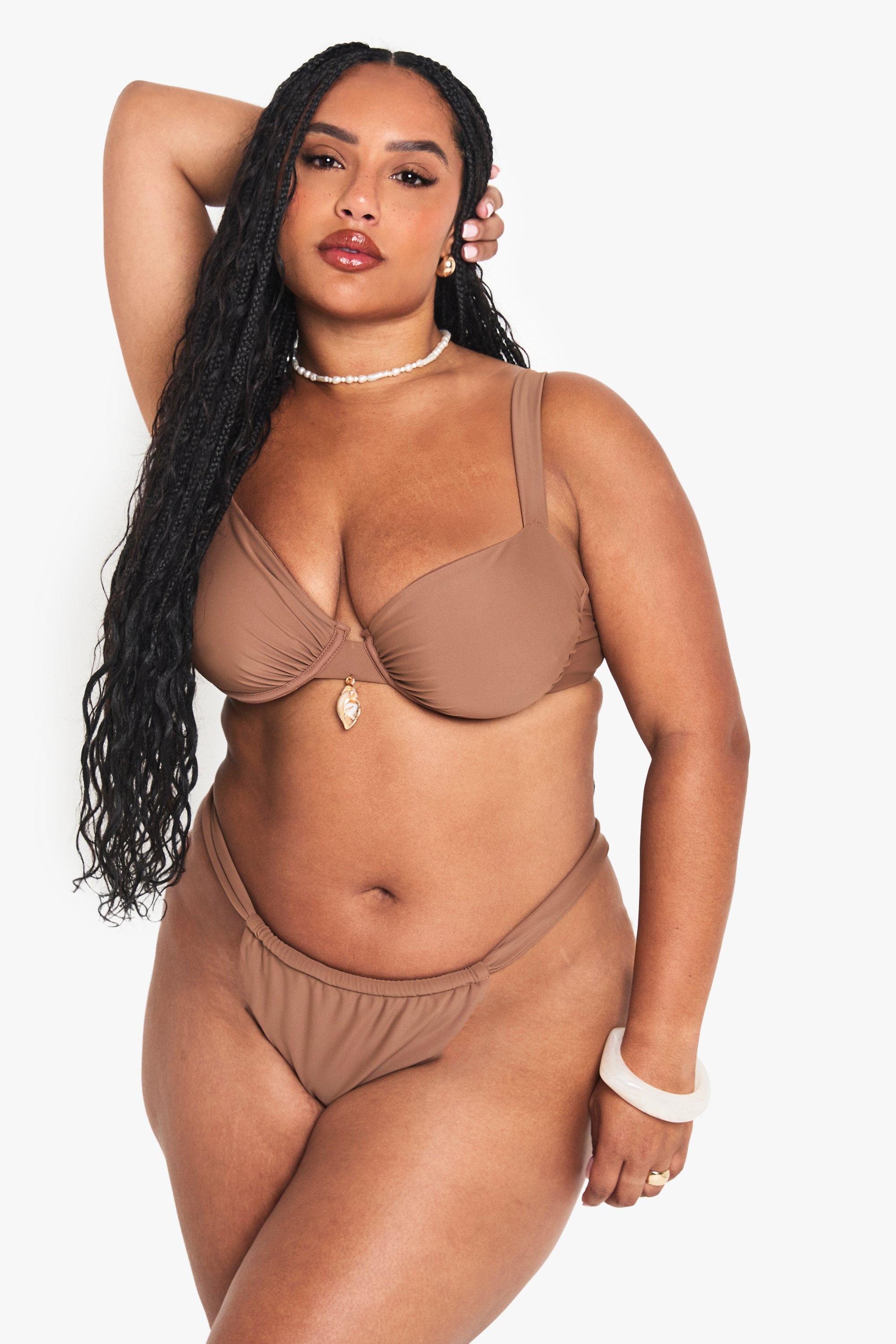 Boohoo Plus Bikini Top Met Schelpen Zoom En Beugel, Chocolate