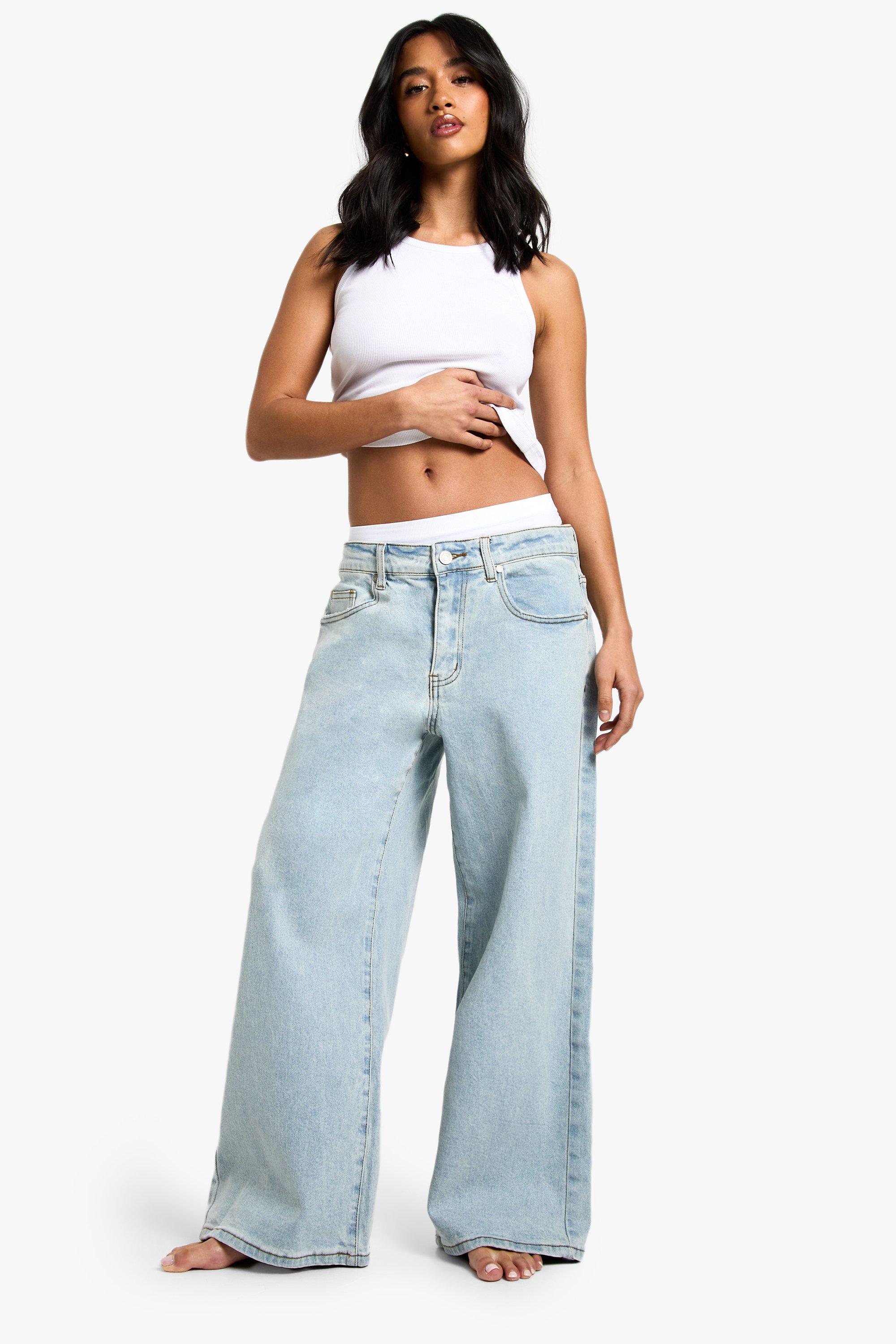 Boohoo Petite Wide Leg Jeans, Bleached Blue