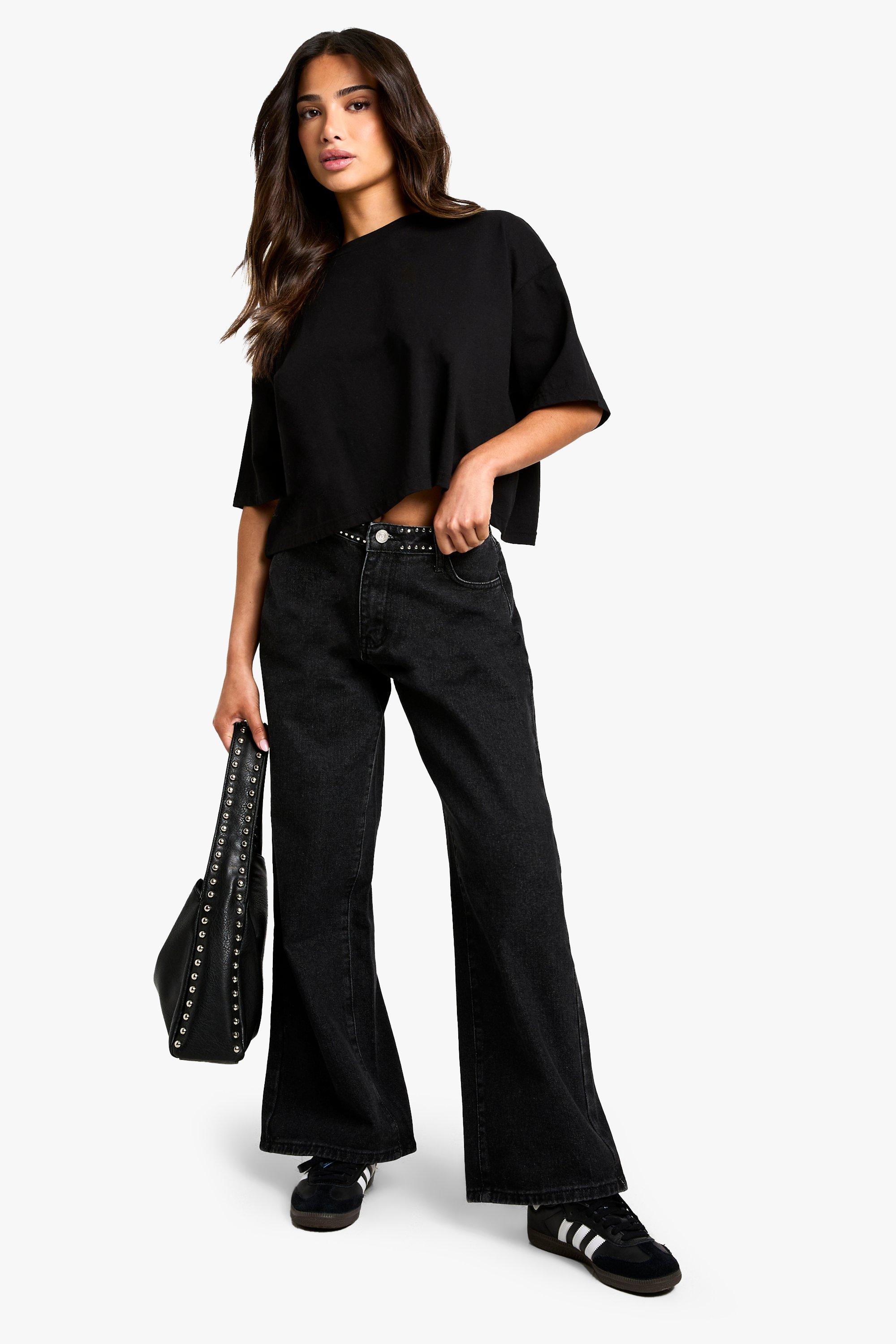 Boohoo Petite Wide Leg Jeans Met Kleine Studs, Washed Black