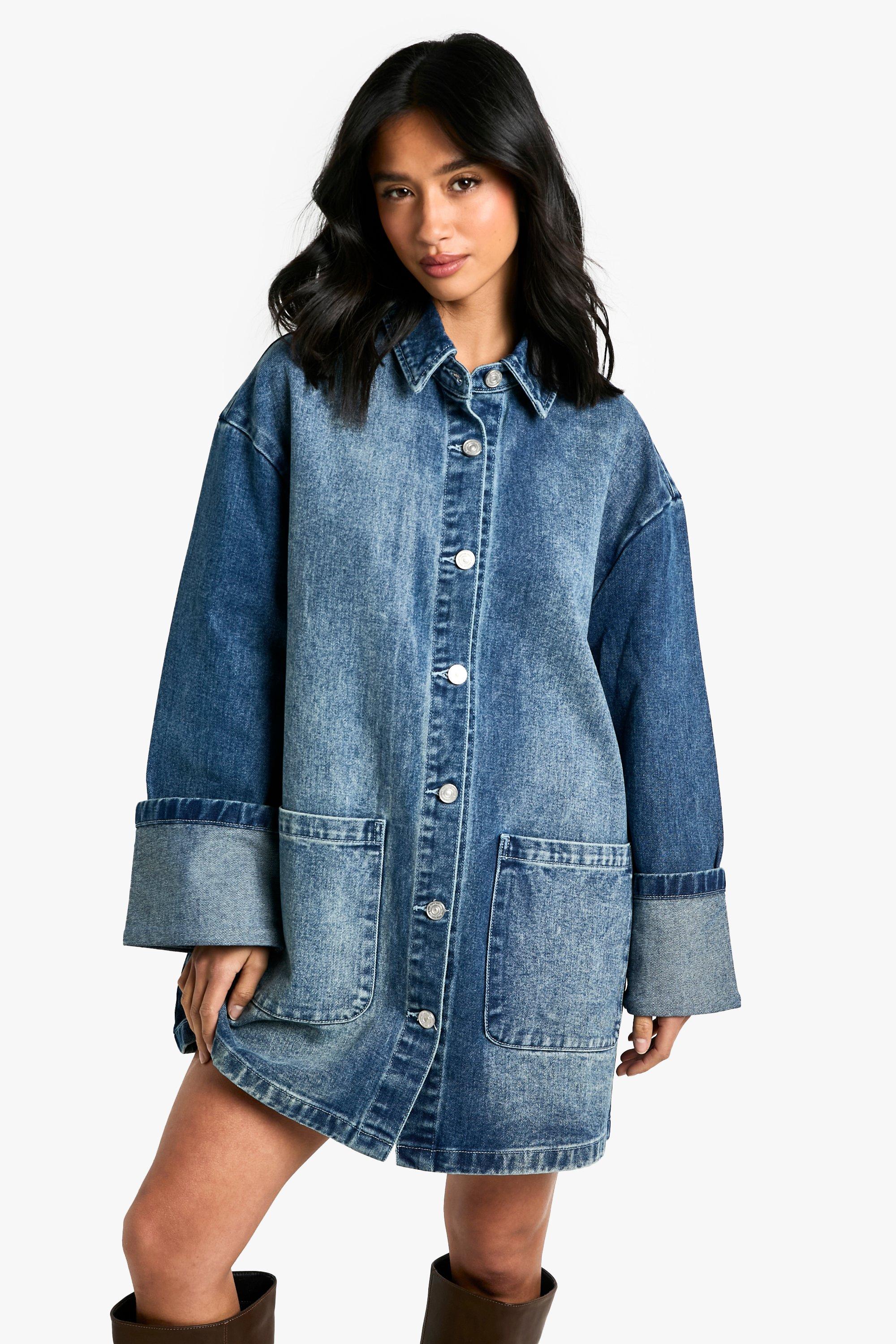 Image of Vestito camicia Petite oversize in denim stile Utility con risvolti sui polsini, Azzurro