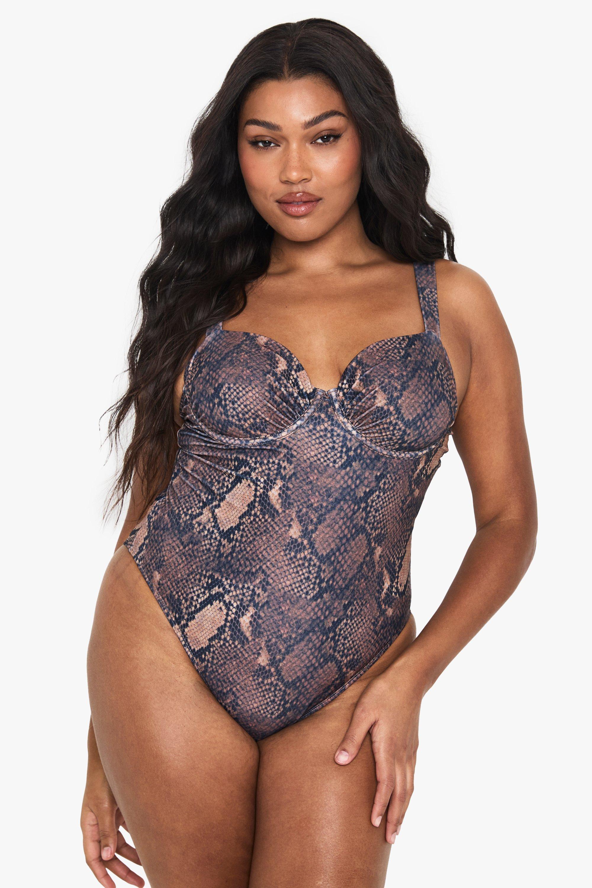 Image of Costume intero Plus Size con stampa effetto pelle di serpente e ferretto, Snake