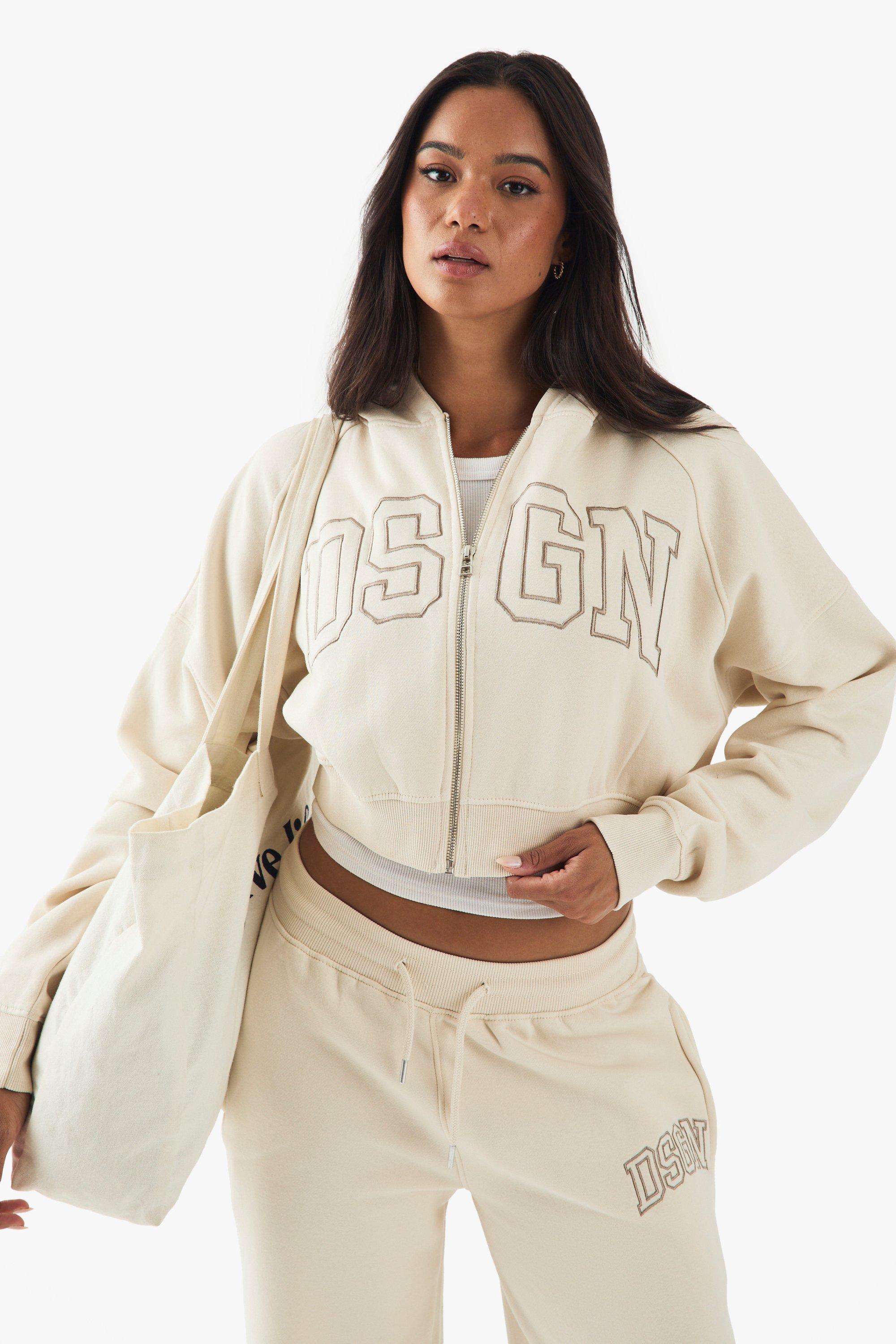 Image of Felpa squadrata Dsgn Studio Collegiate con ricami, zip e cappuccio, Cream