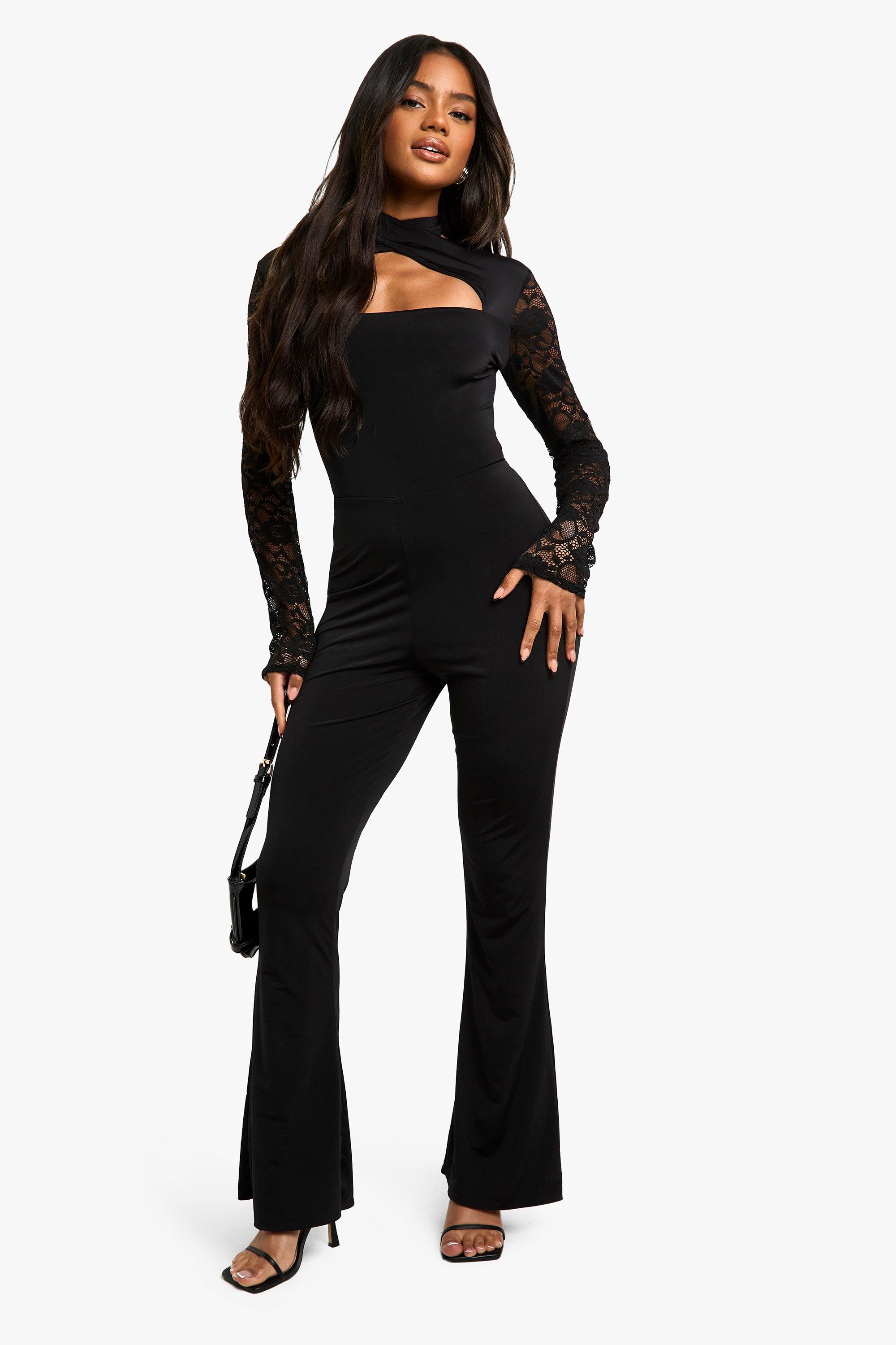 Image of Tuta intera a maniche lunghe in pizzo con cut-out, Nero