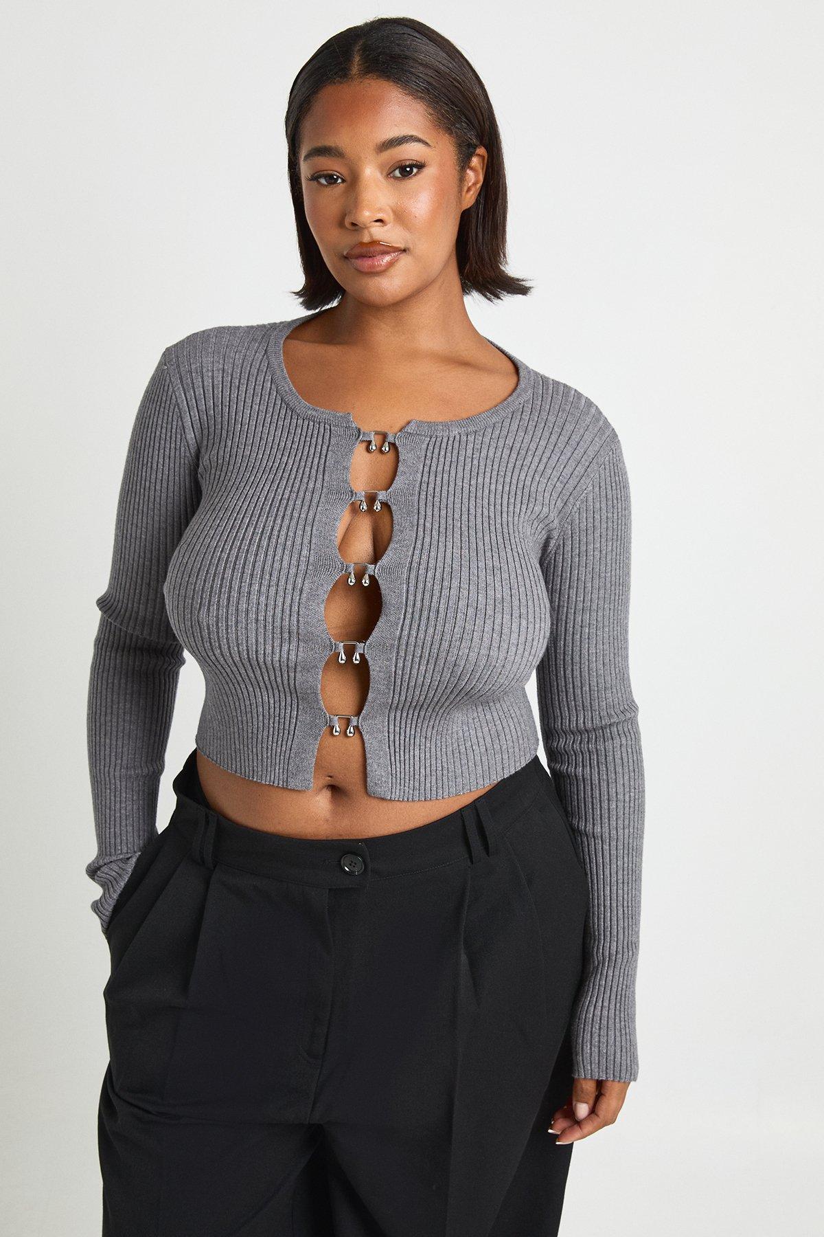 Image of Cardigan Plus Size A Coste Con Gancetti, Grigio