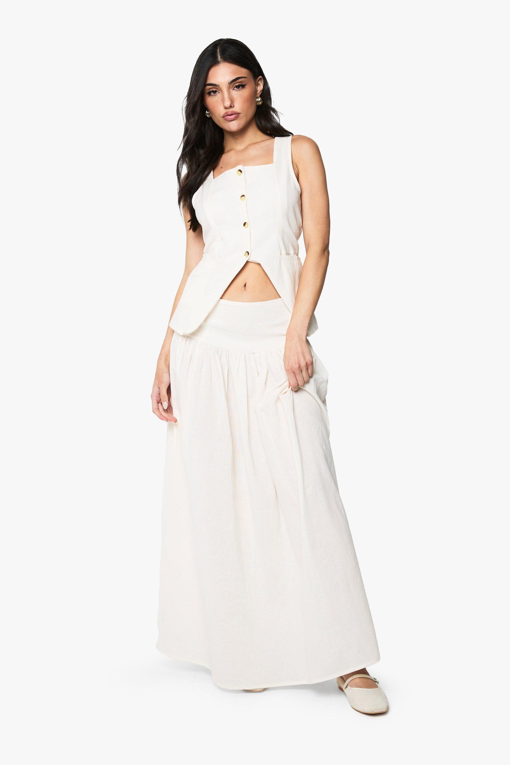 Boohoo Linnen Look Maxi Rok Met Panelen, Ecru