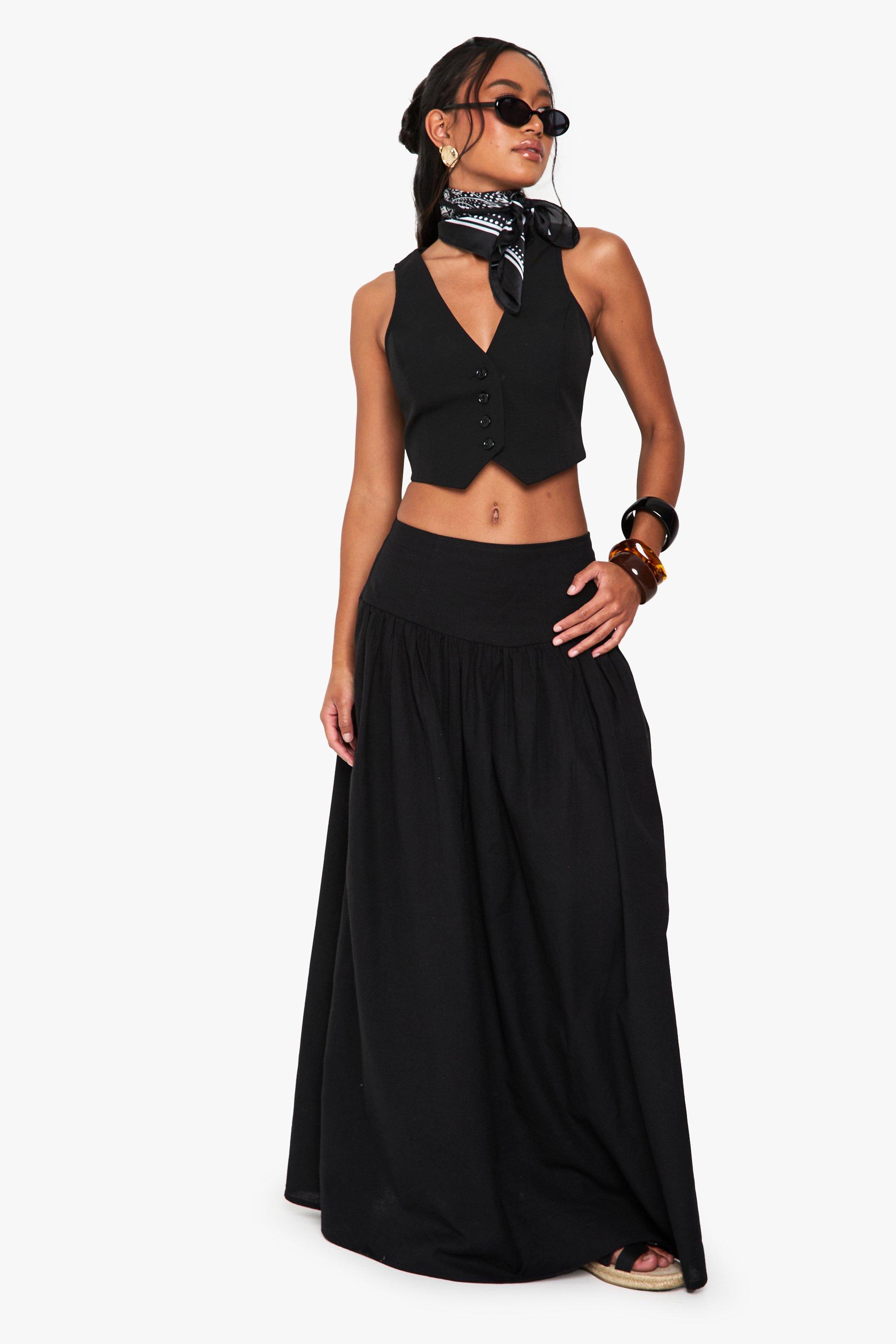 Boohoo Linnen Look Maxi Rok Met Panelen, Black