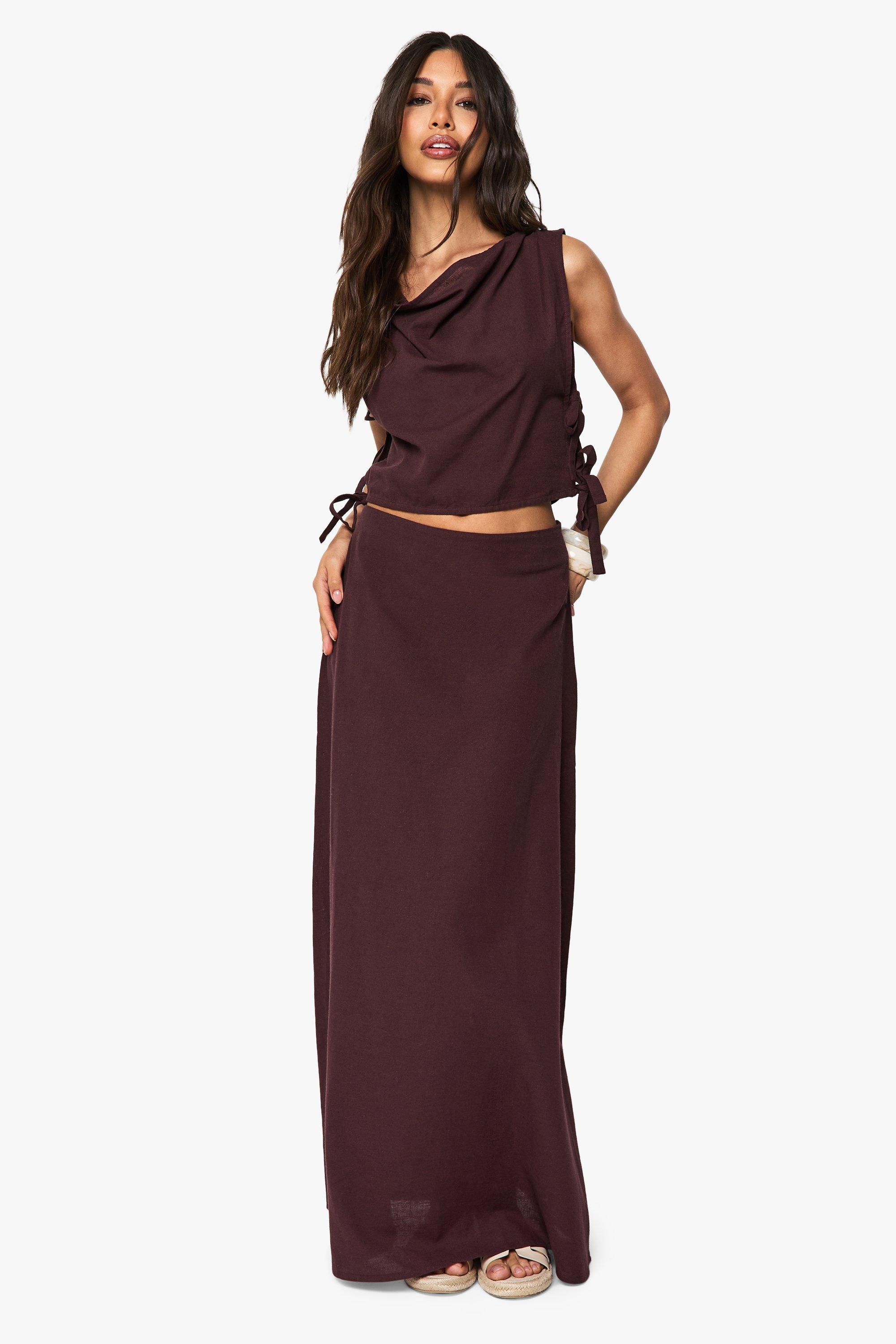 Boohoo Linnen Look Crop Top Met Waterval Hals En A-Lijn Maxi Rok Set, Chocolate