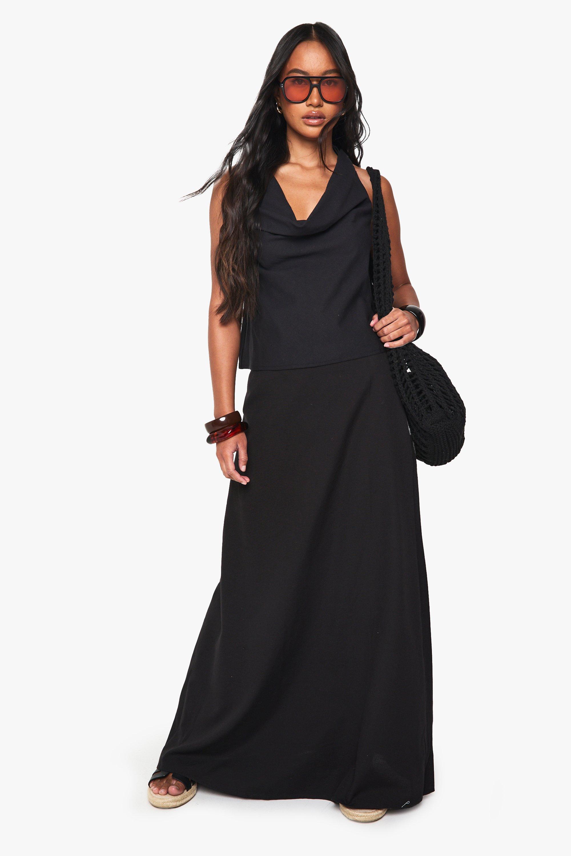 Boohoo Linnen Look A Line Maxi Rok, Black