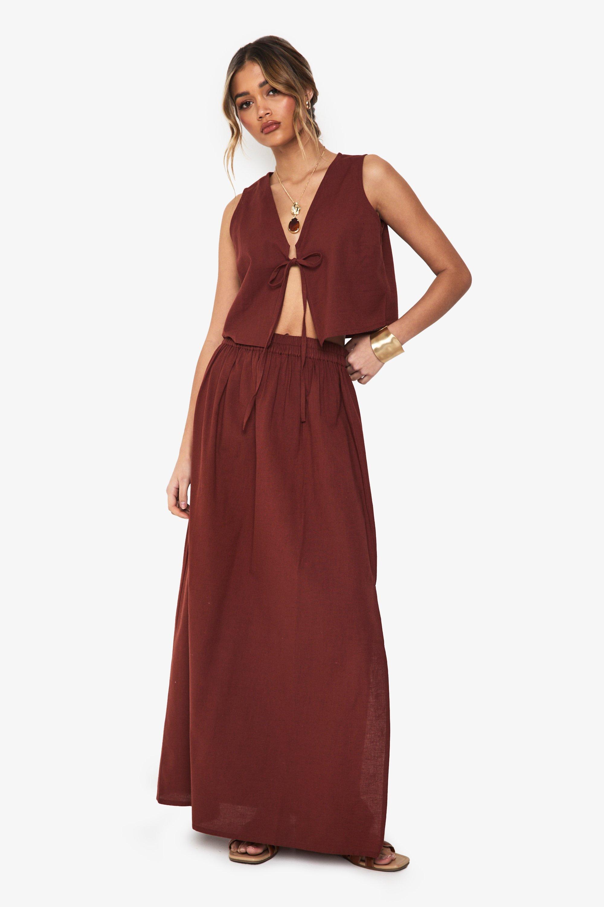 Boohoo Linnen Look Crop Top Met Strik En Maxi Rok Set, Rust