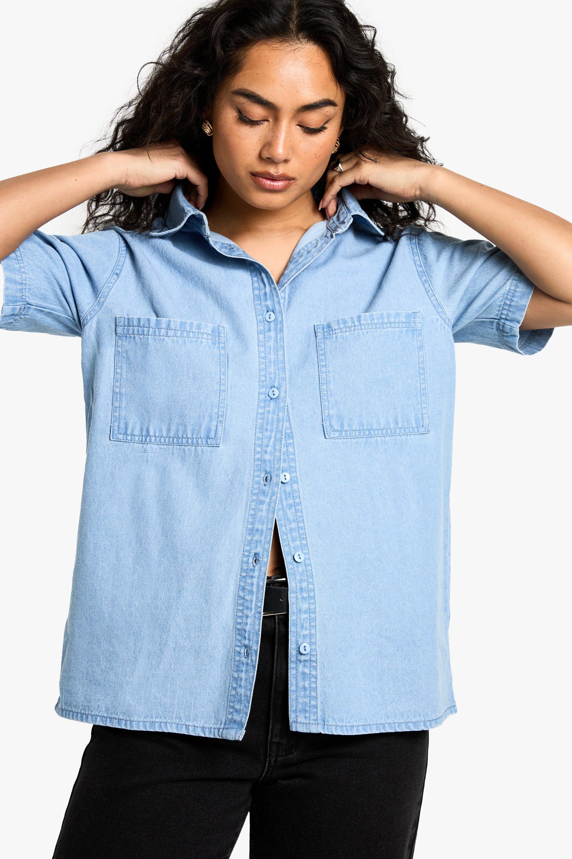 Image of Camicia a maniche corte in denim chambray, Grigio
