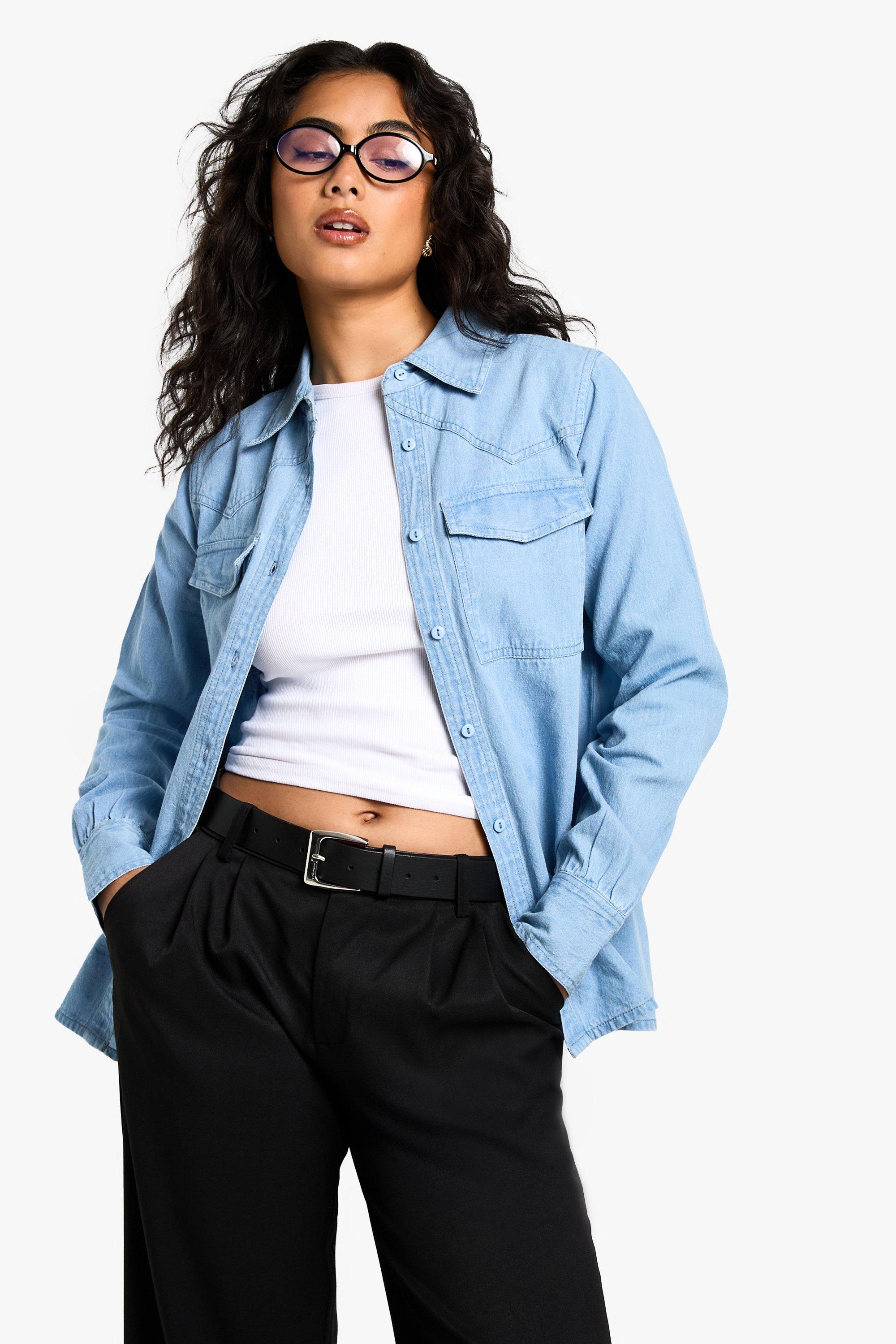 Image of Camicia a maniche lunghe in denim chambray, Grigio