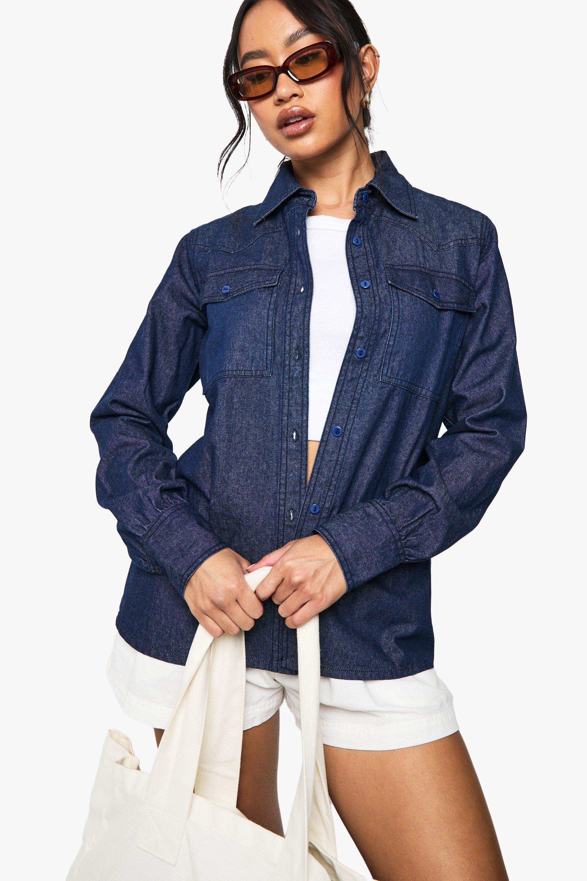 Image of Camicia stile Western a maniche lunghe in denim chambray, Grigio