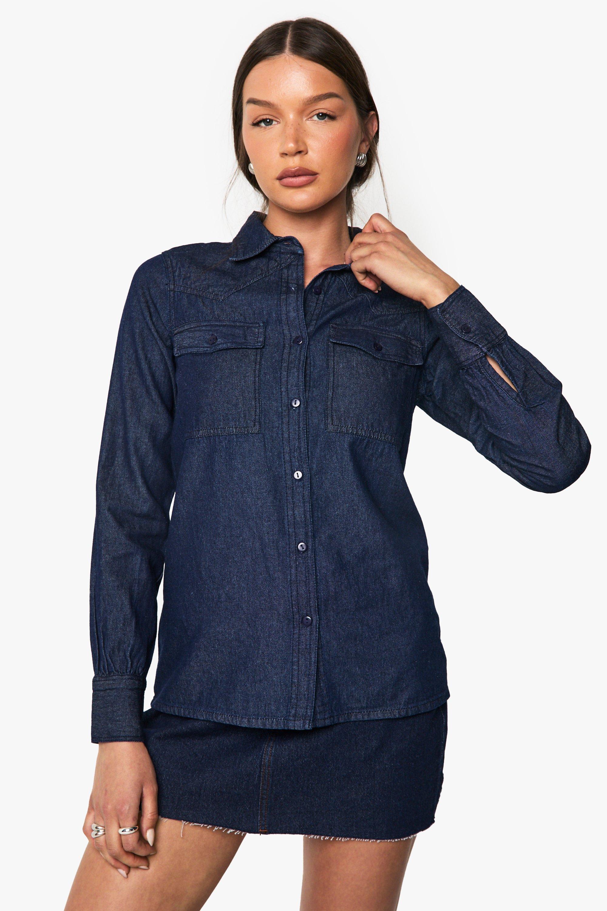 Image of Camicia Stile Western A Maniche Lunghe In Denim Chambray, Azzurro