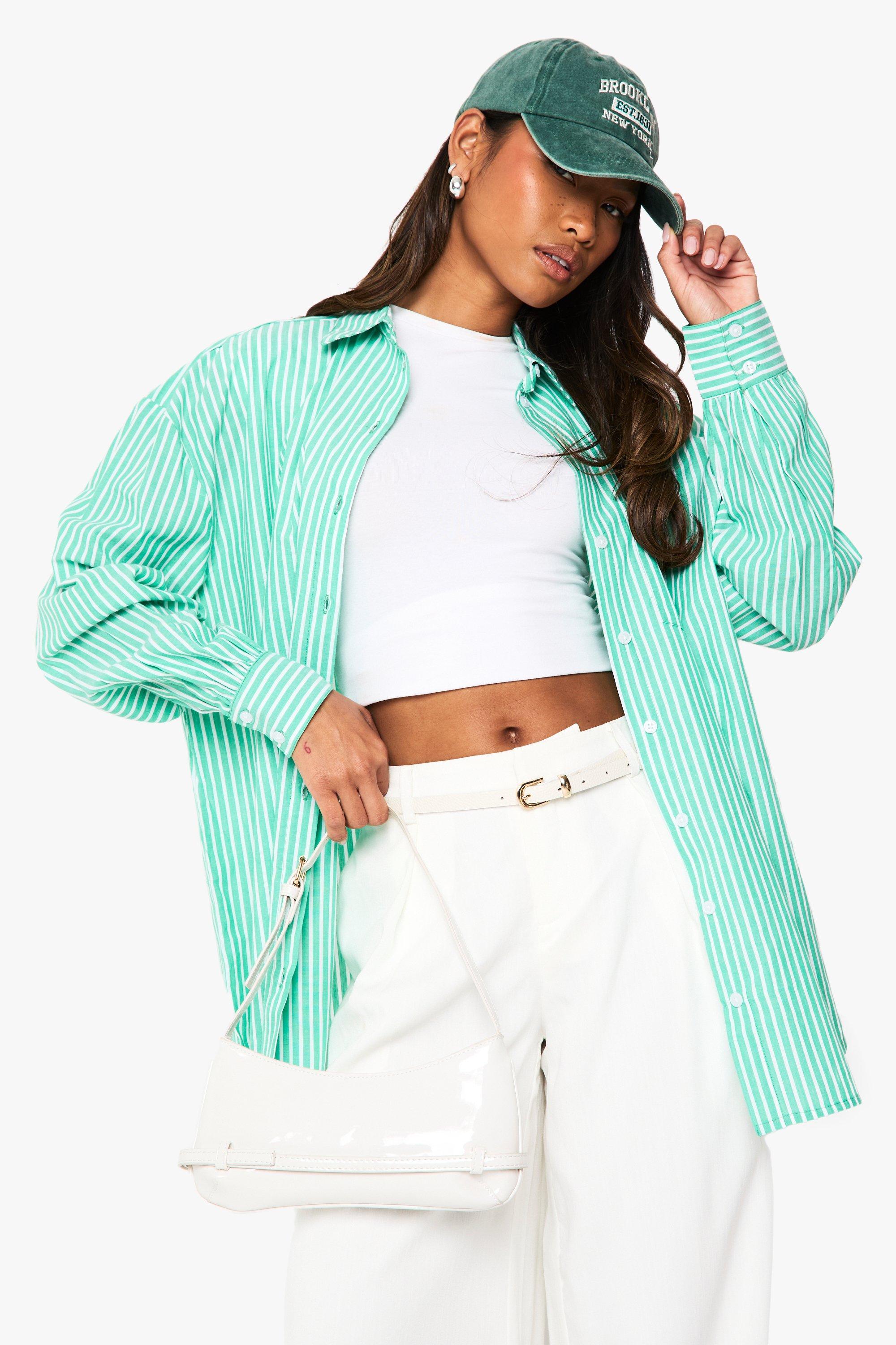 Image of Camicia oversize a righe verticali, Verde