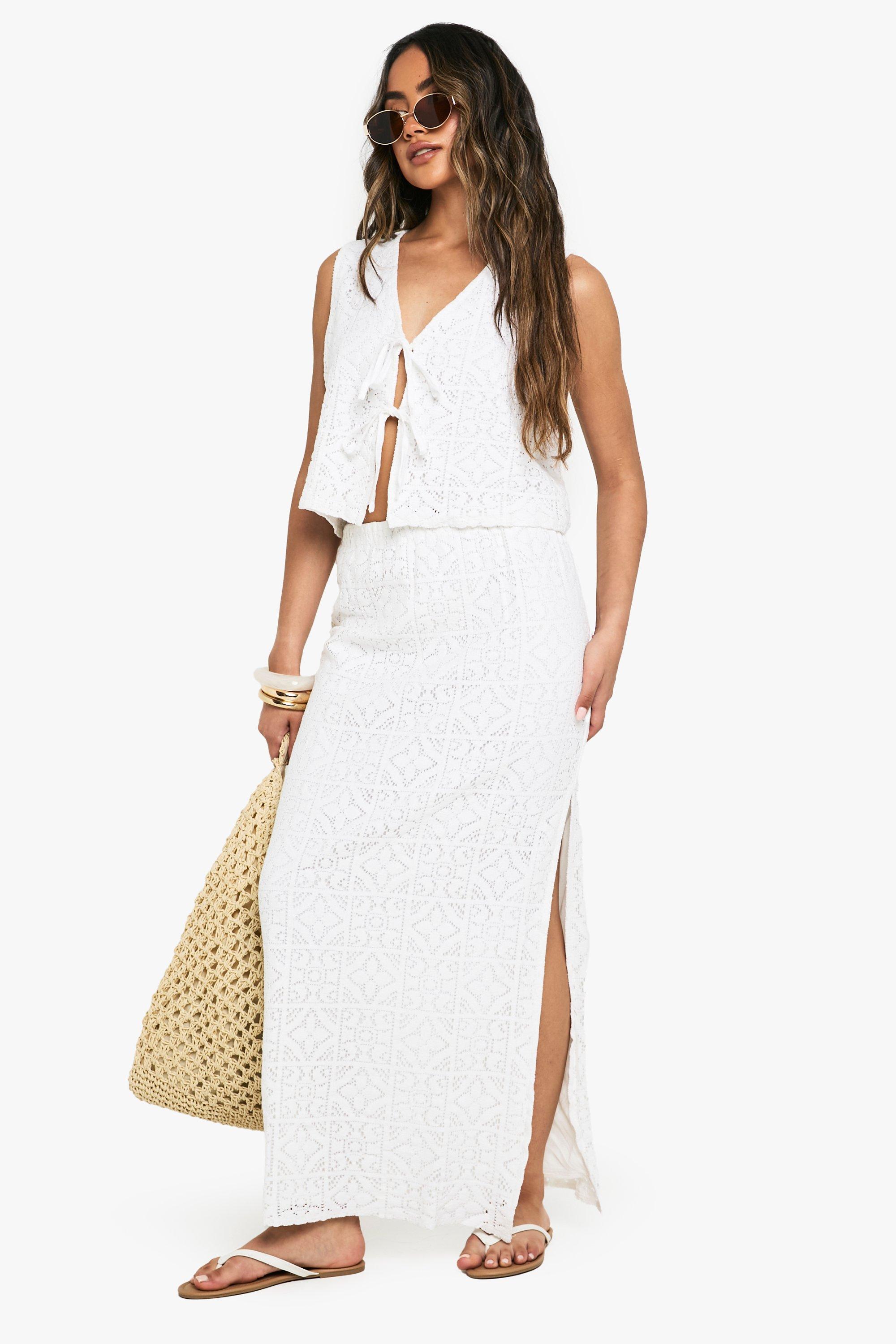 Boohoo Gehaakte Maxi Rok Met Zijsplit, White