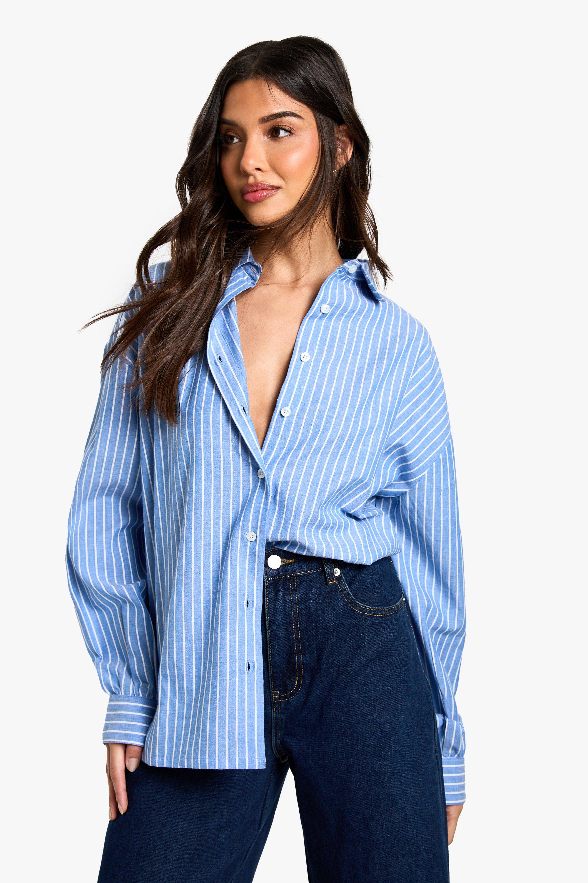 Image of Camicia oversize a righe verticali, Azzurro