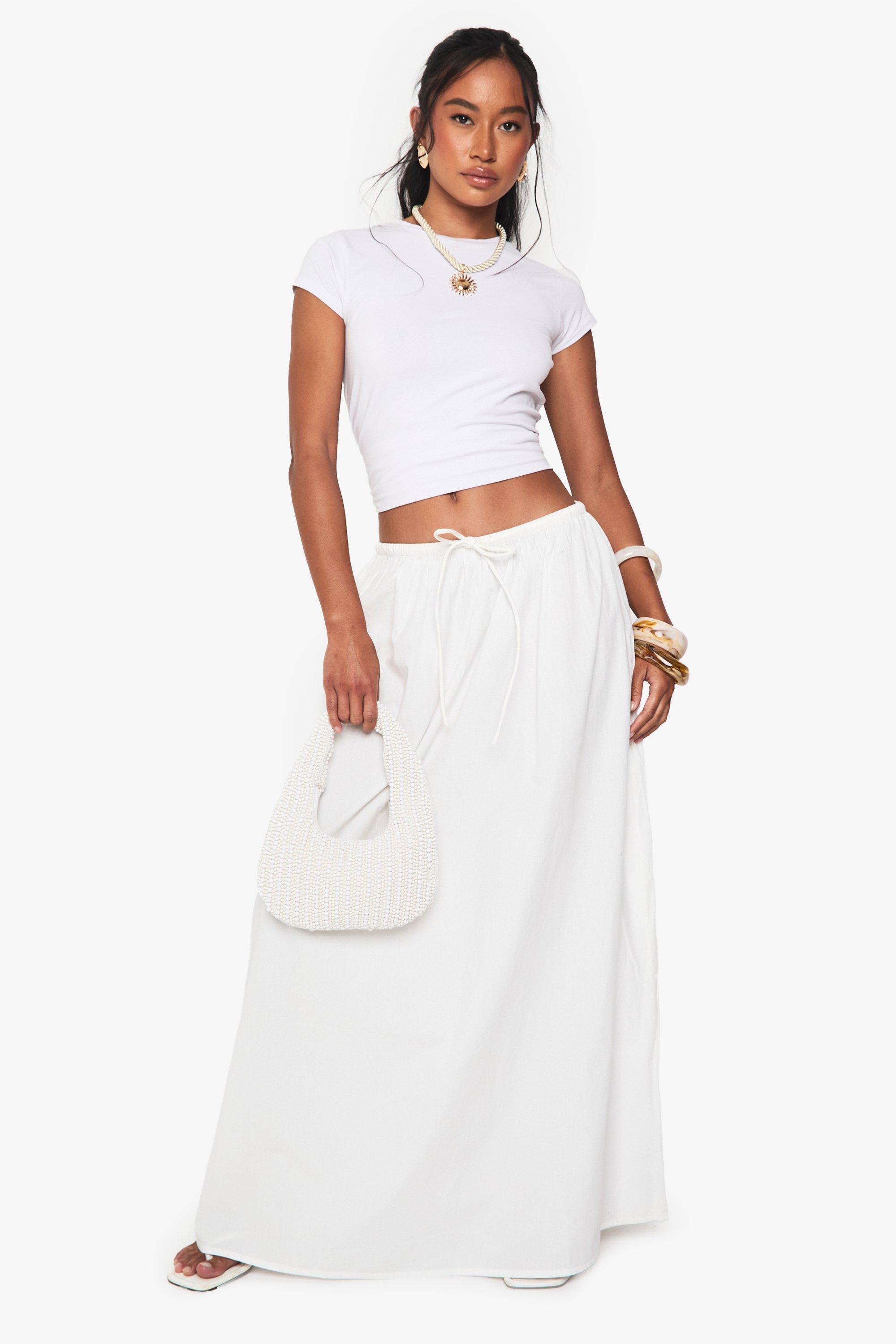 Boohoo Katoenen Poplin Maxi Rok Met Touwtjes, White