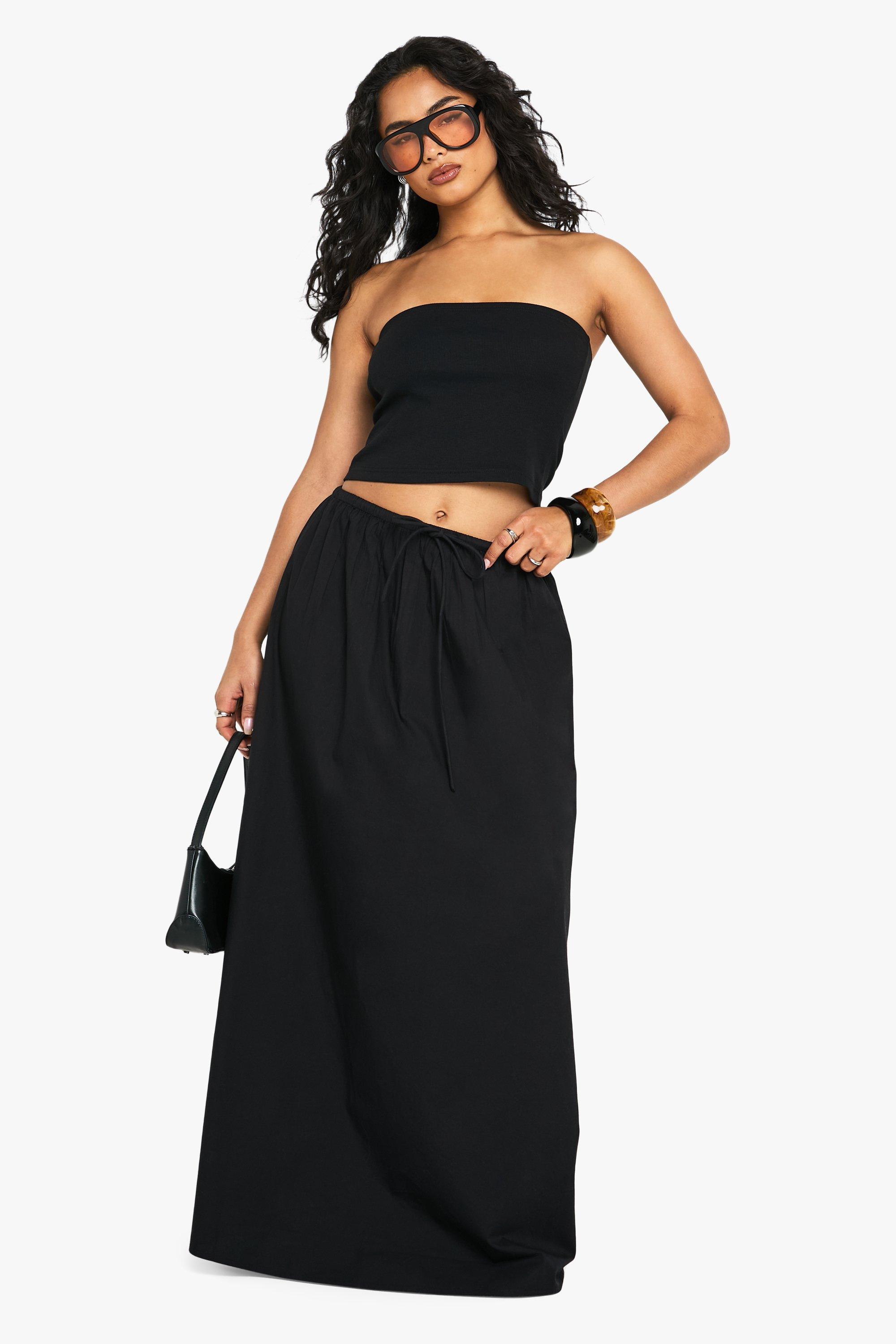 Boohoo Katoenen Poplin Maxi Rok Met Touwtjes, Black