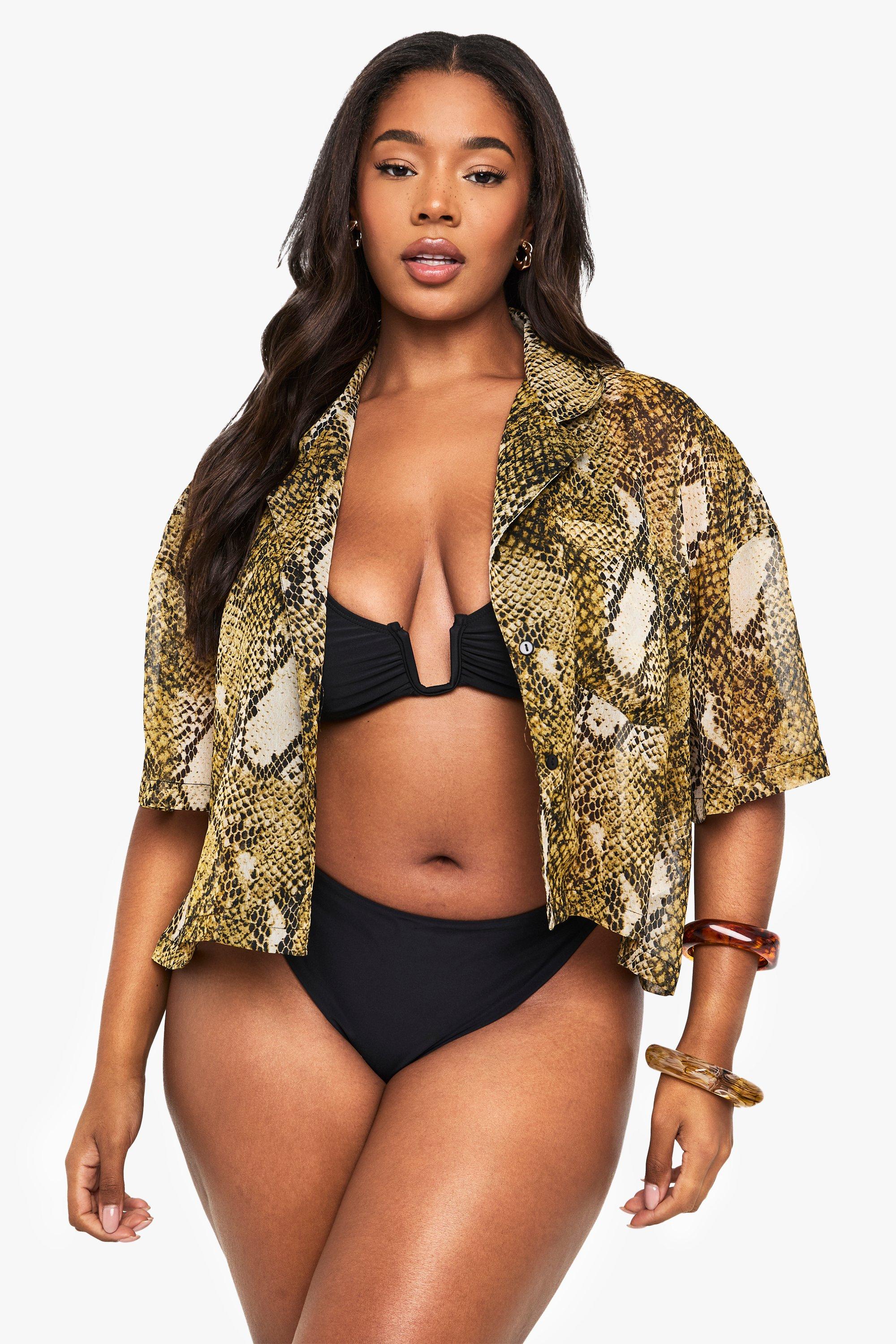 Image of Camicia corta Plus Size Essentials da mare con stampa effetto pelle di serpente, Brown