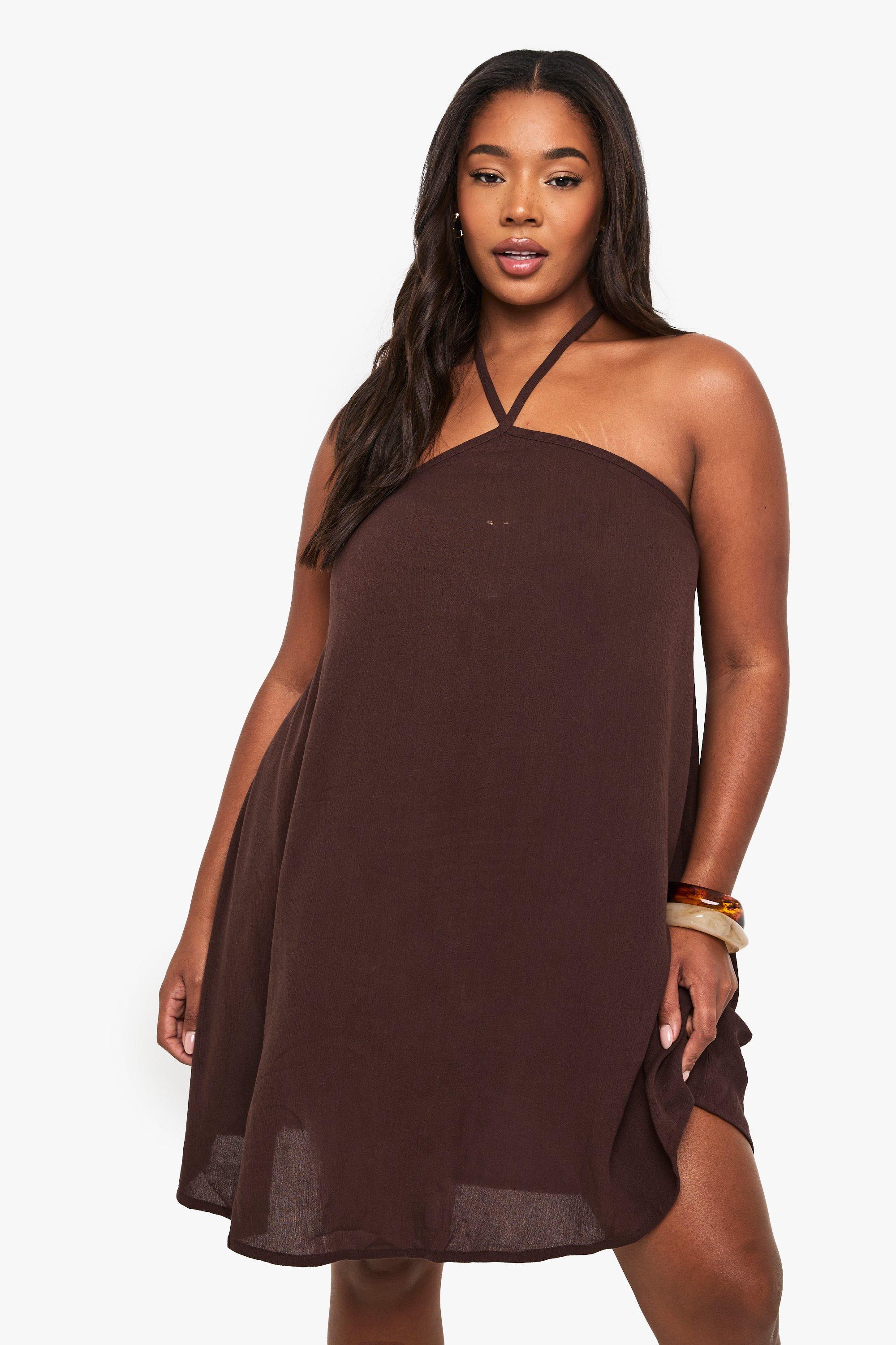 Boohoo Plus Kaasdoek Mini Halter Strand Jurk, Chocolate