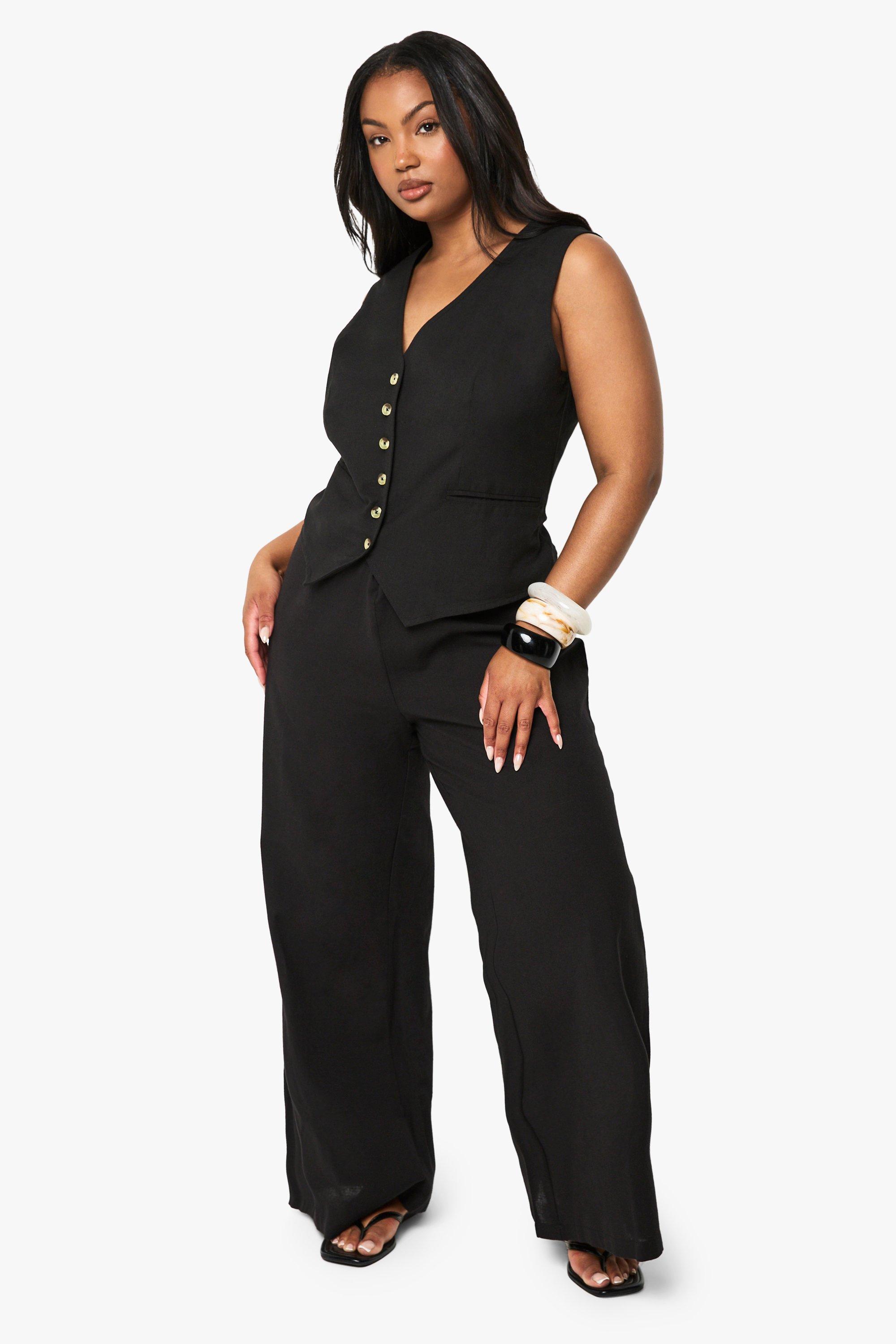 Image of Pantaloni a gamba ampia Plus Size con vita elasticizzata e laccetti, Nero
