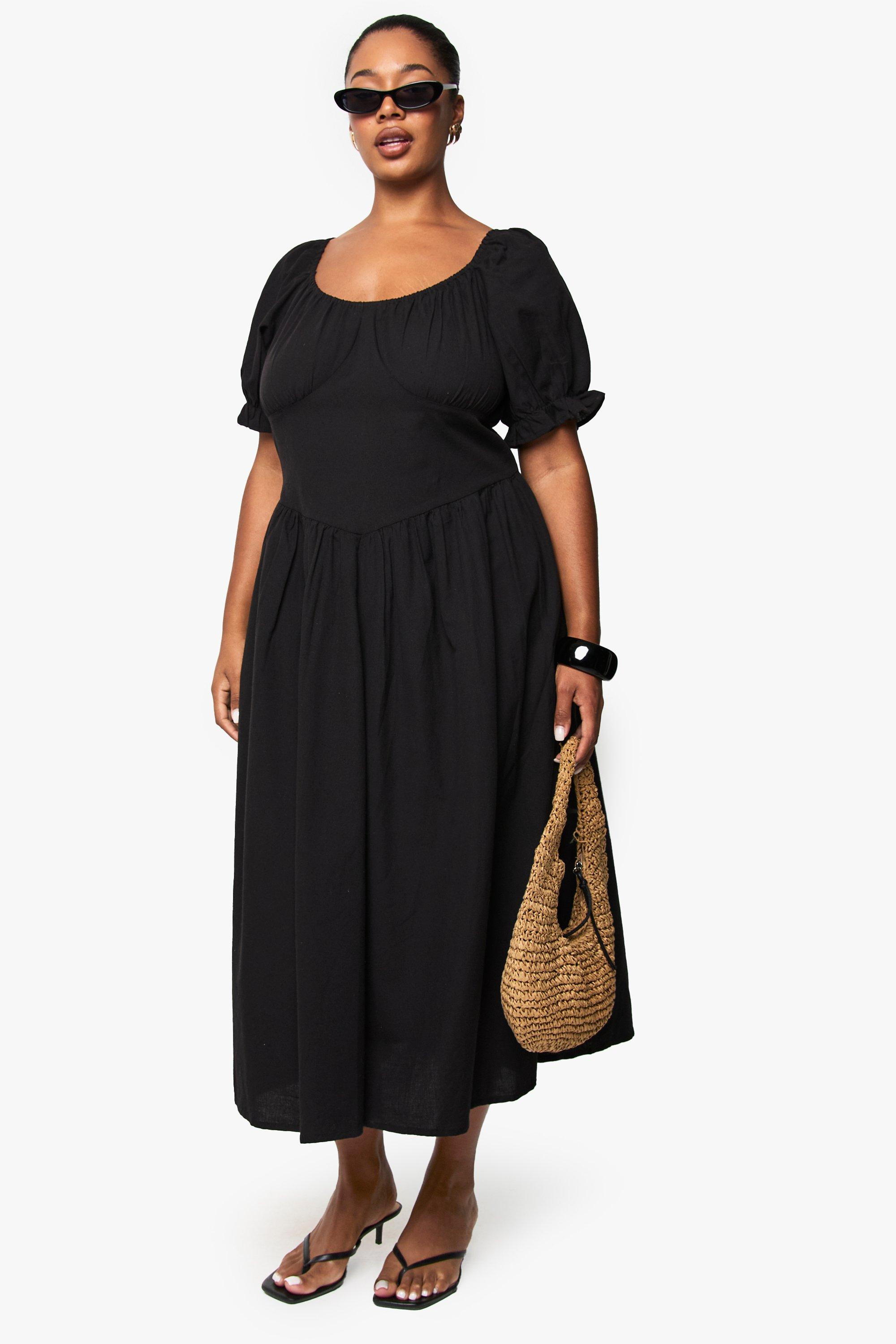 Boohoo Plus Linnen Look Midaxi Jurk Met Pofmouwen, Black