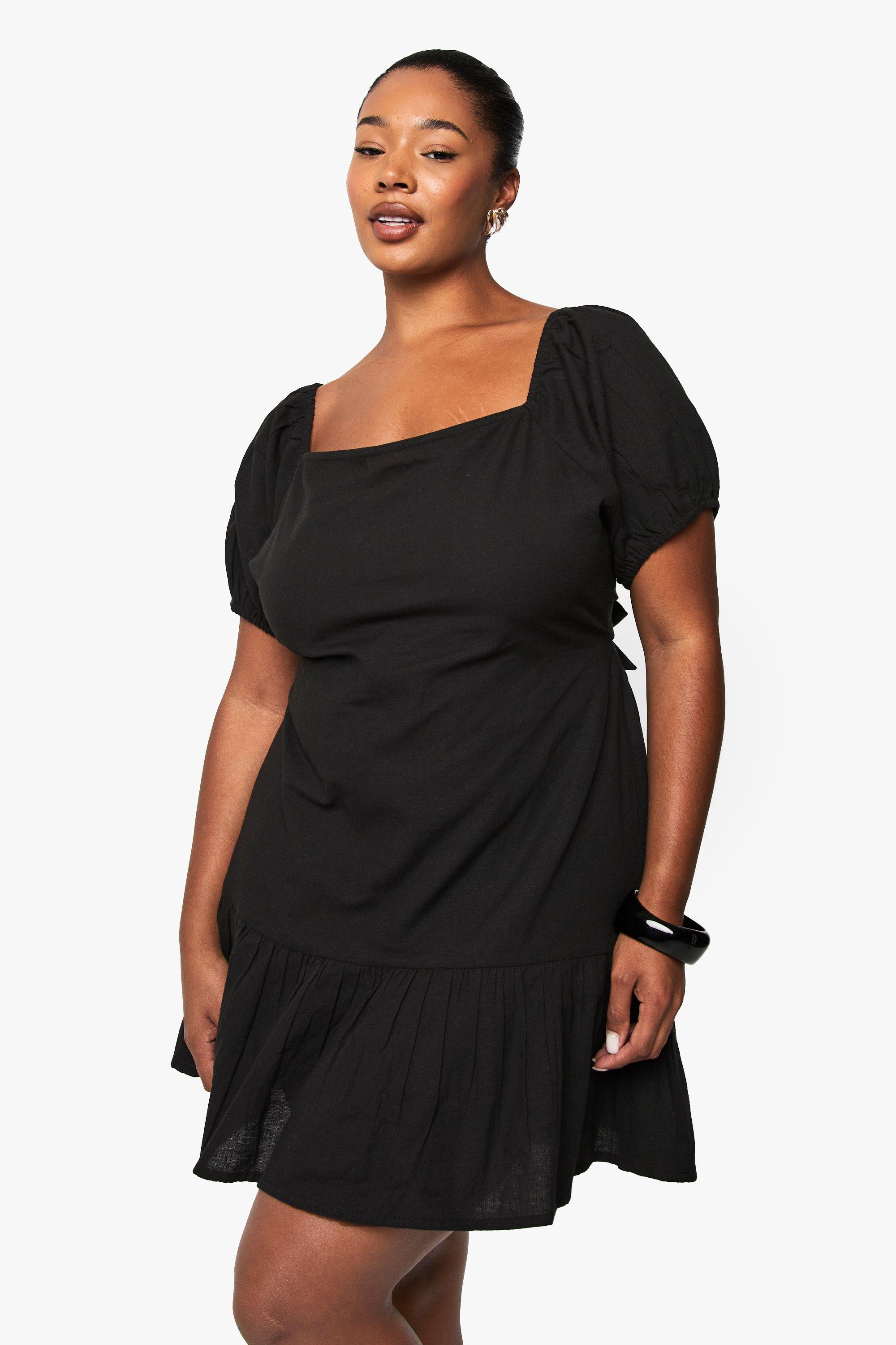 Boohoo Plus Linnen Mini Skater Jurk Met Pofmouwen, Black