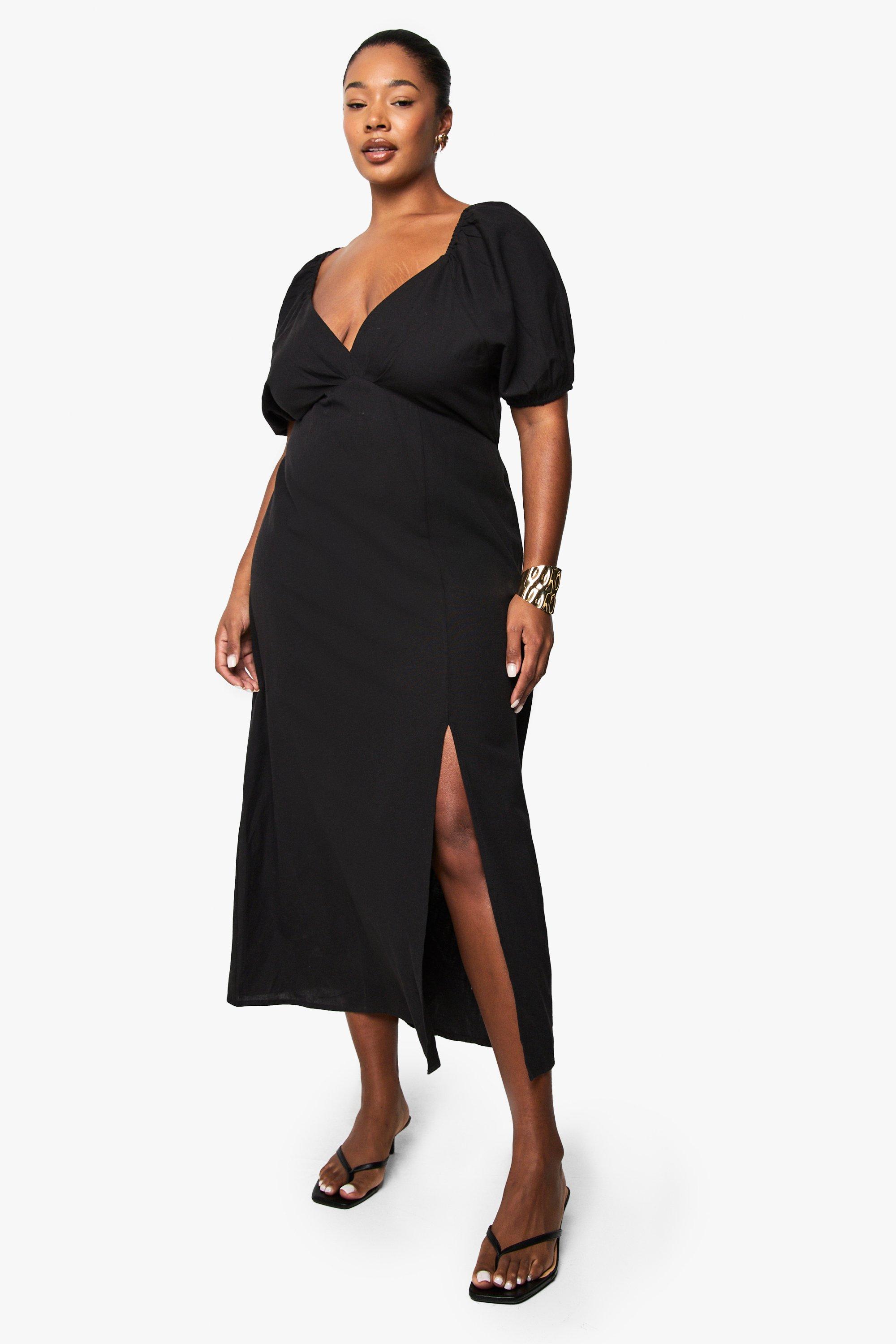 Image of Vestito longuette Plus Size effetto lino con laccetti sul retro e maniche a sbuffo, Nero