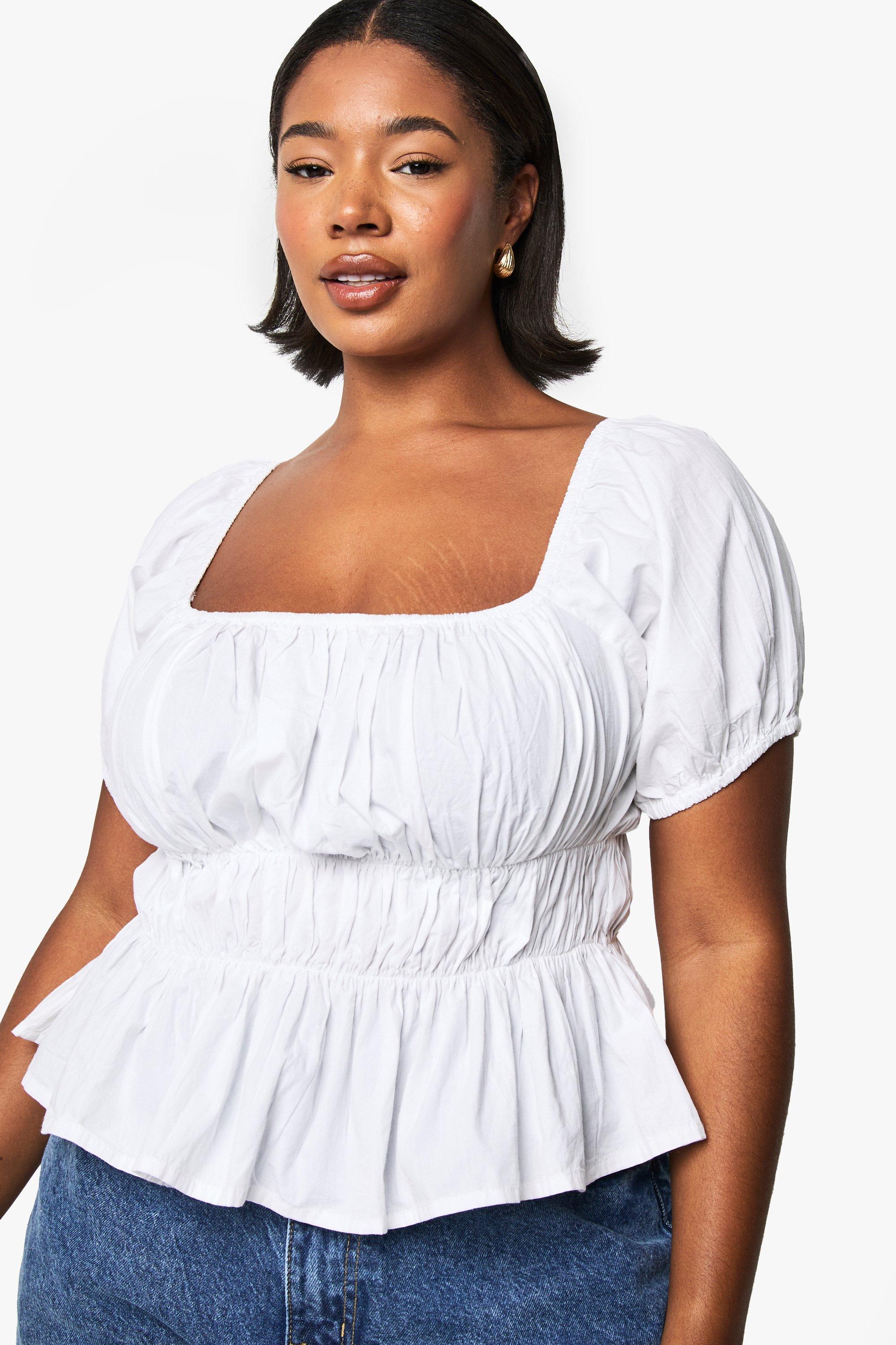 Boohoo Plus Geplooide Katoenen Top Met Open Schouders, White
