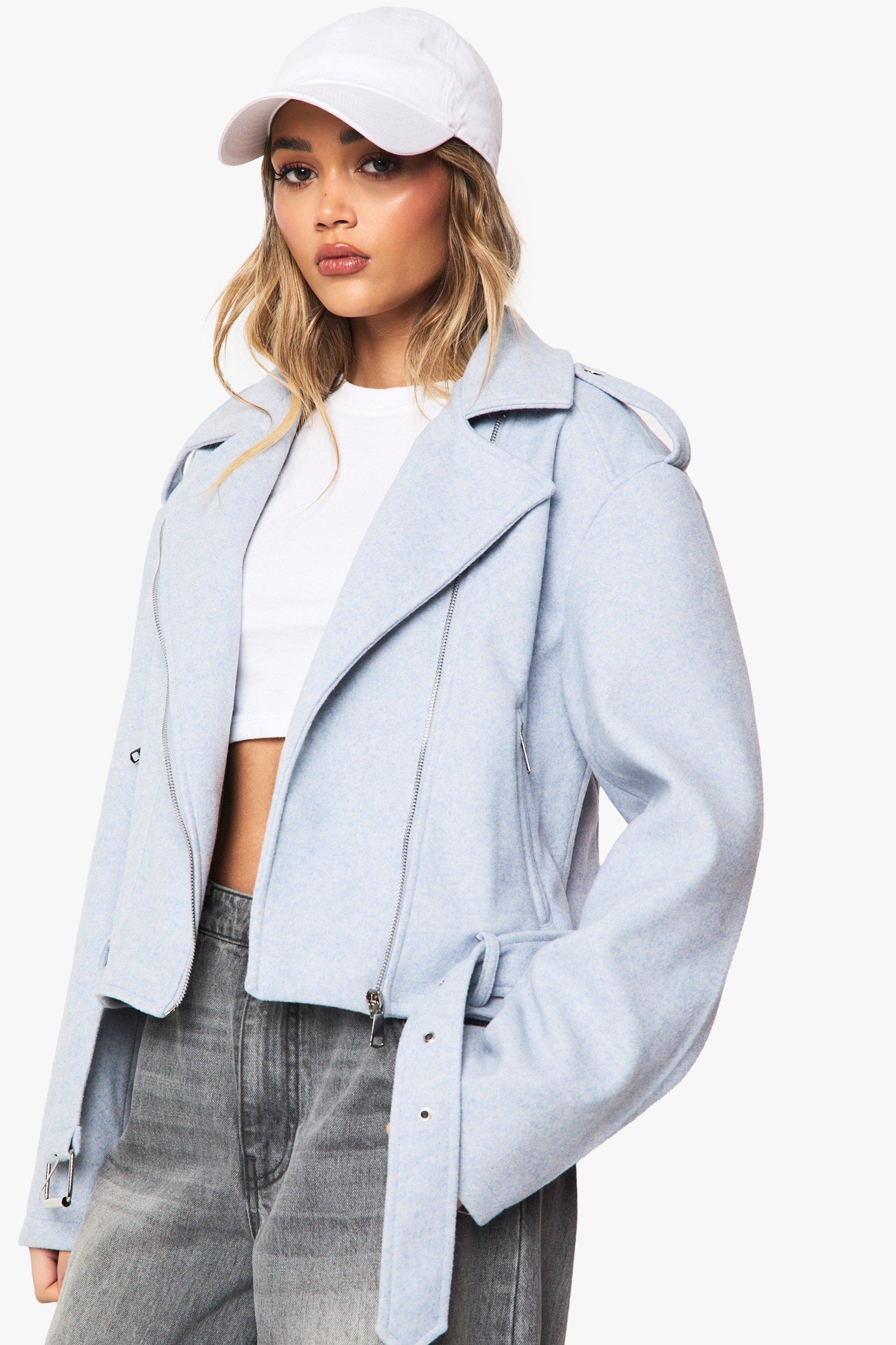 Image of Giacca Stile Biker Effetto Lana Con Cintura, Grigio