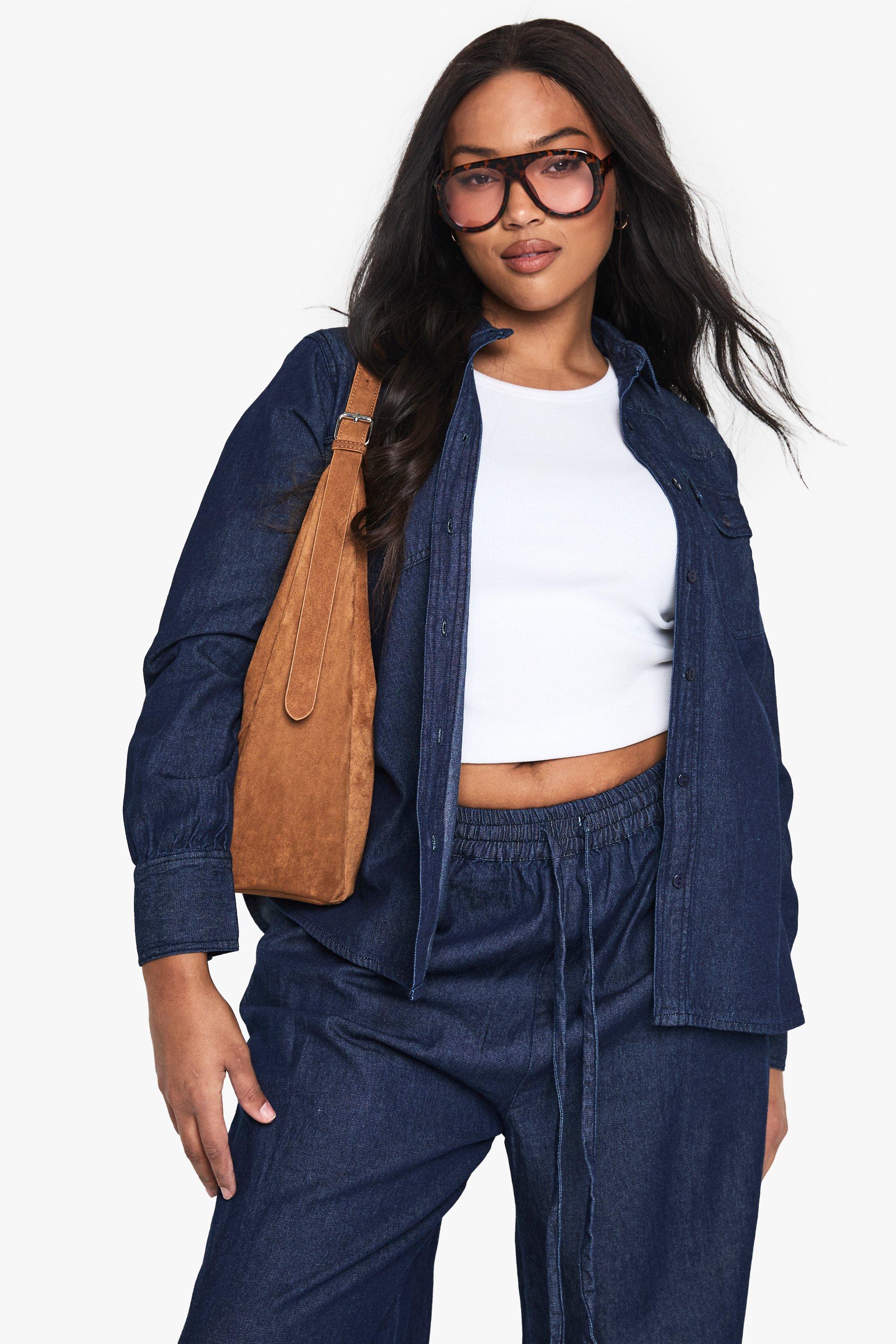 Image of Camicia Stile Western Plus Size In Denim, Azzurro