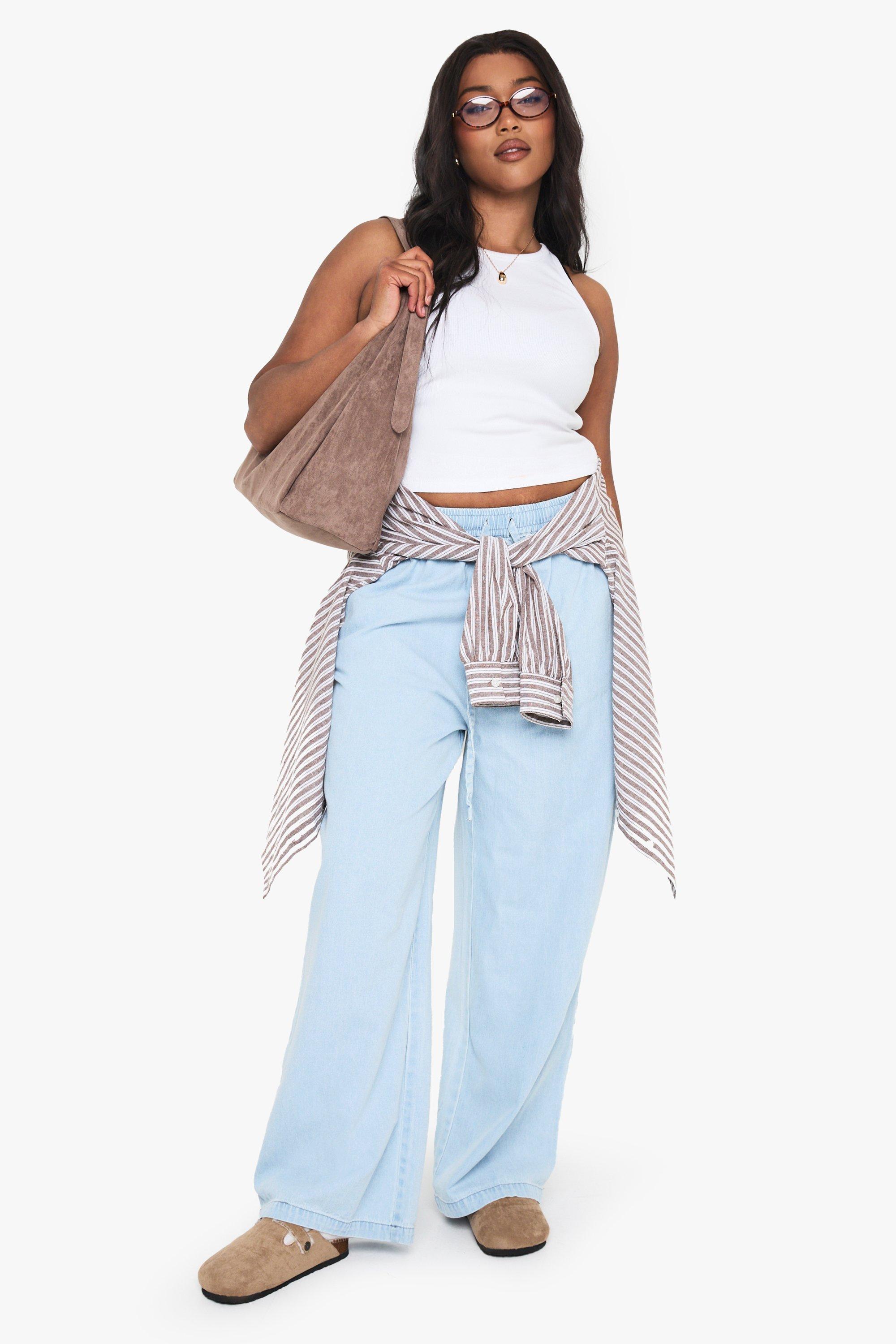 Image of Pantaloni Plus Size a gamba ampia in chambray con laccetti, Grigio