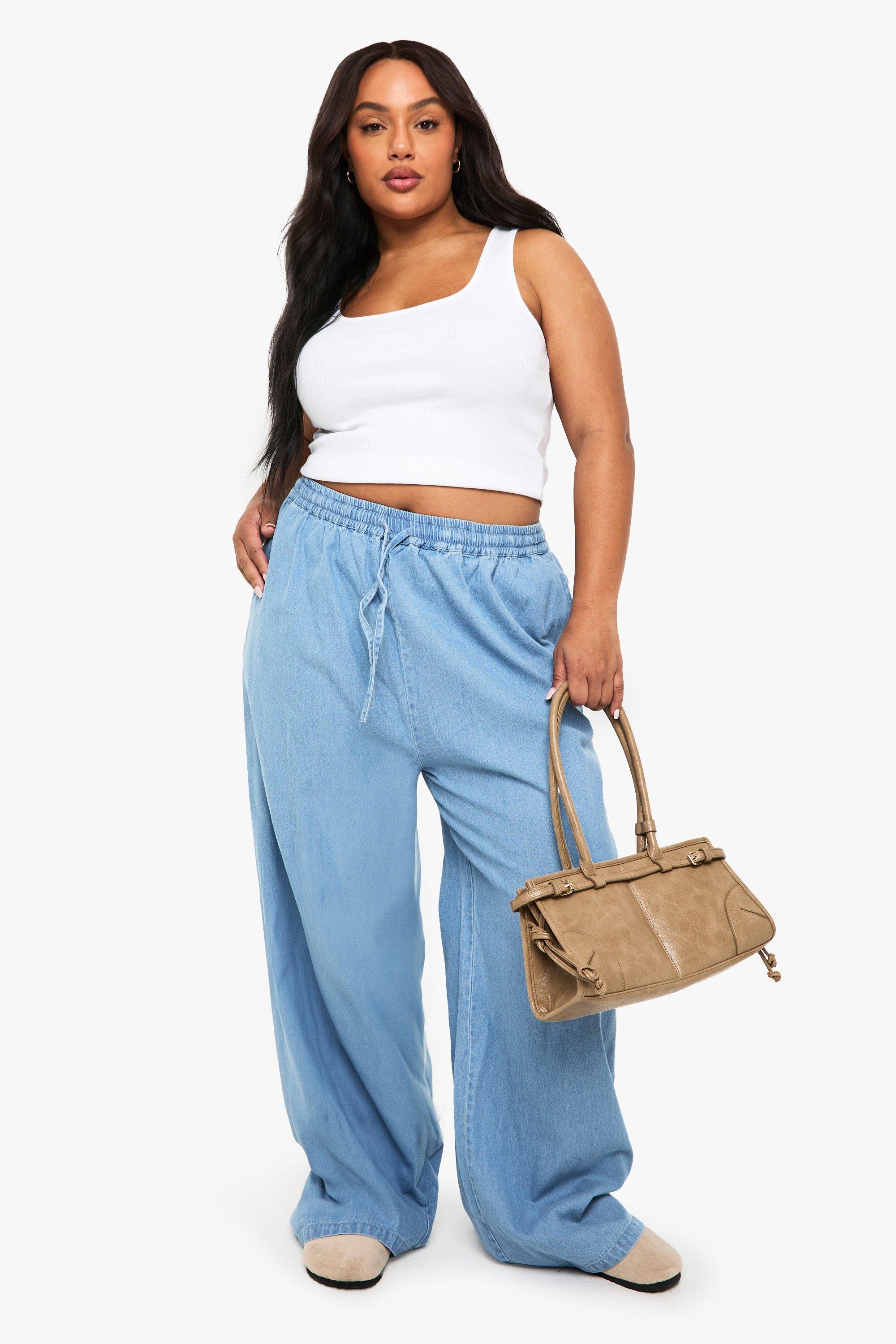 Image of Pantaloni Plus Size a gamba ampia in chambray con laccetti, Azzurro