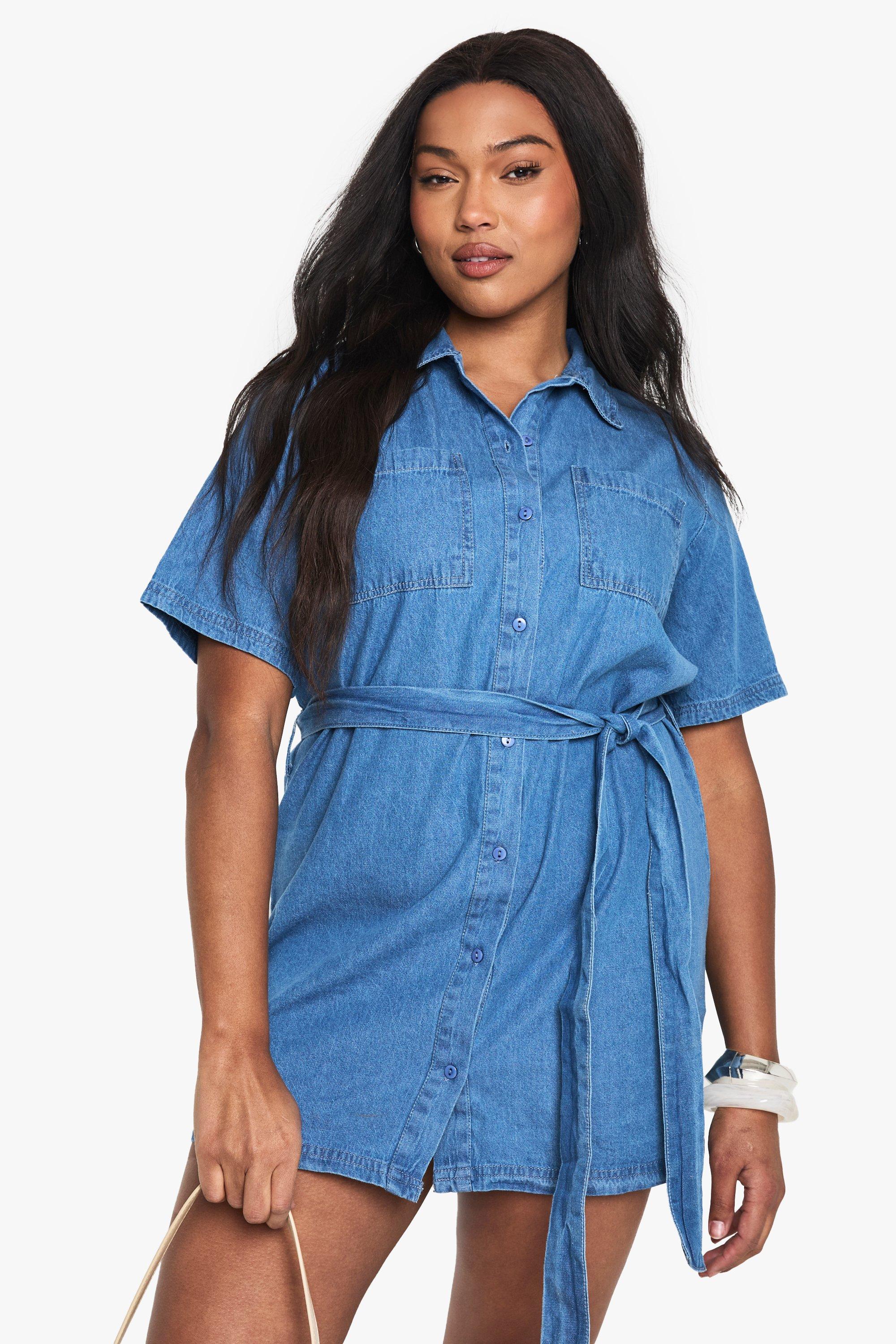 Image of Vestito Plus Size In Denim Chambray Con Fascia Allacciata In Vita, Azzurro