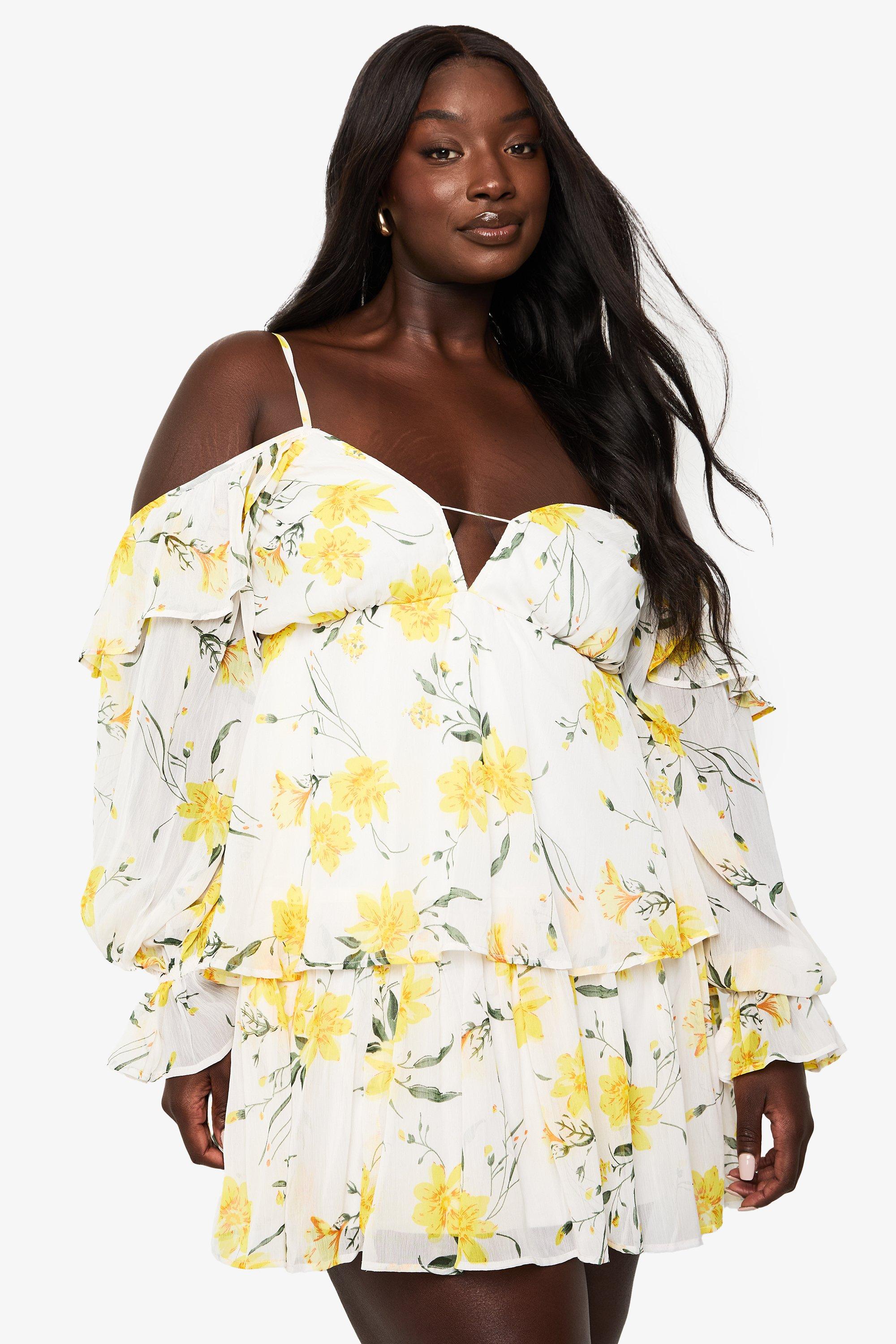 Boohoo Plus Chiffon Cold Shoulder Skater Dress, Ivory