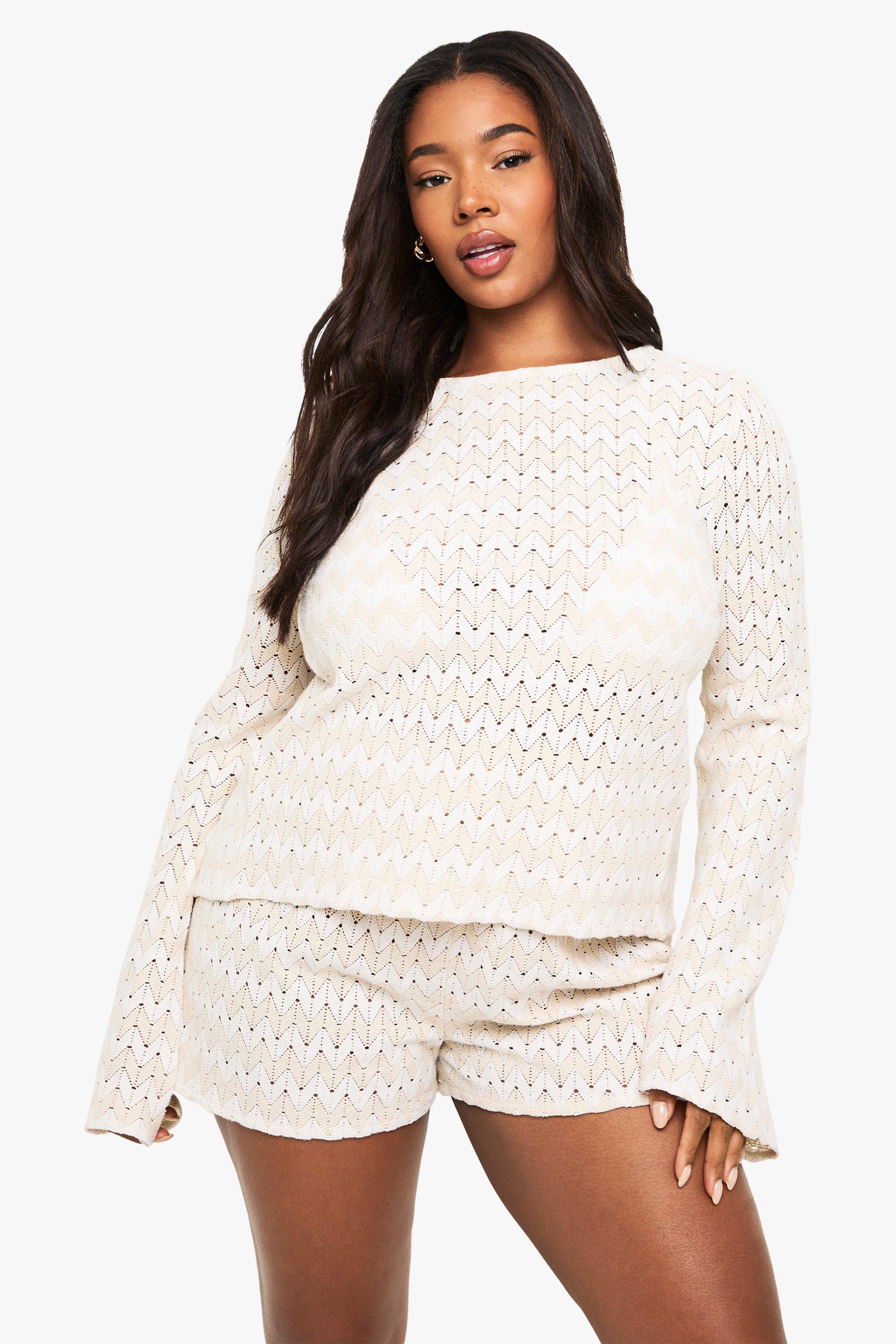 Image of Plus Zig Zag Knitted Tie Front Beach Top, Beige