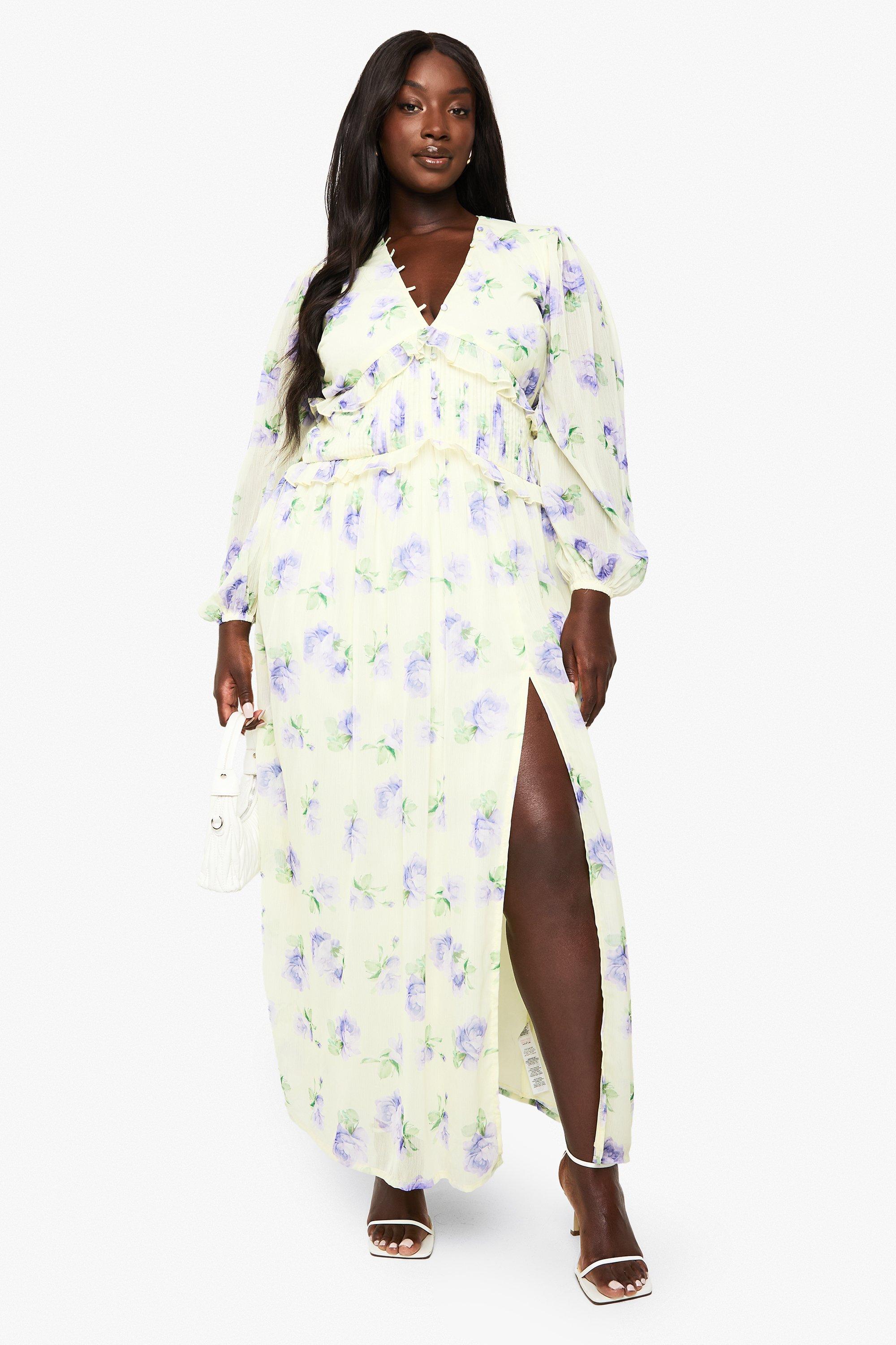 Boohoo Plus Chiffon Long Sleeve Pleated Waist Maxi Dress, Lemon