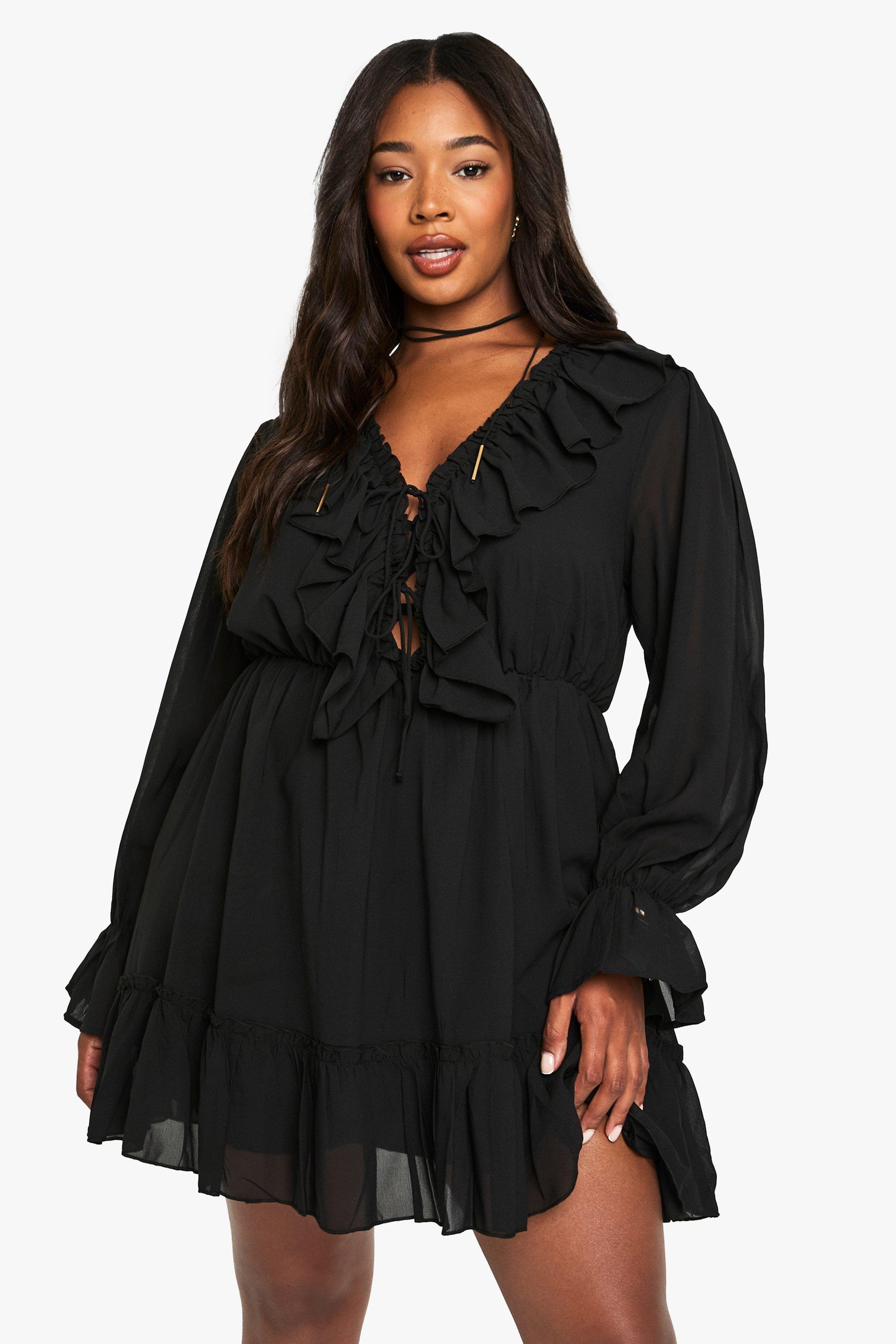Boohoo Plus Chiffon Jurk Met Lange Mouwen En Ruches, Black