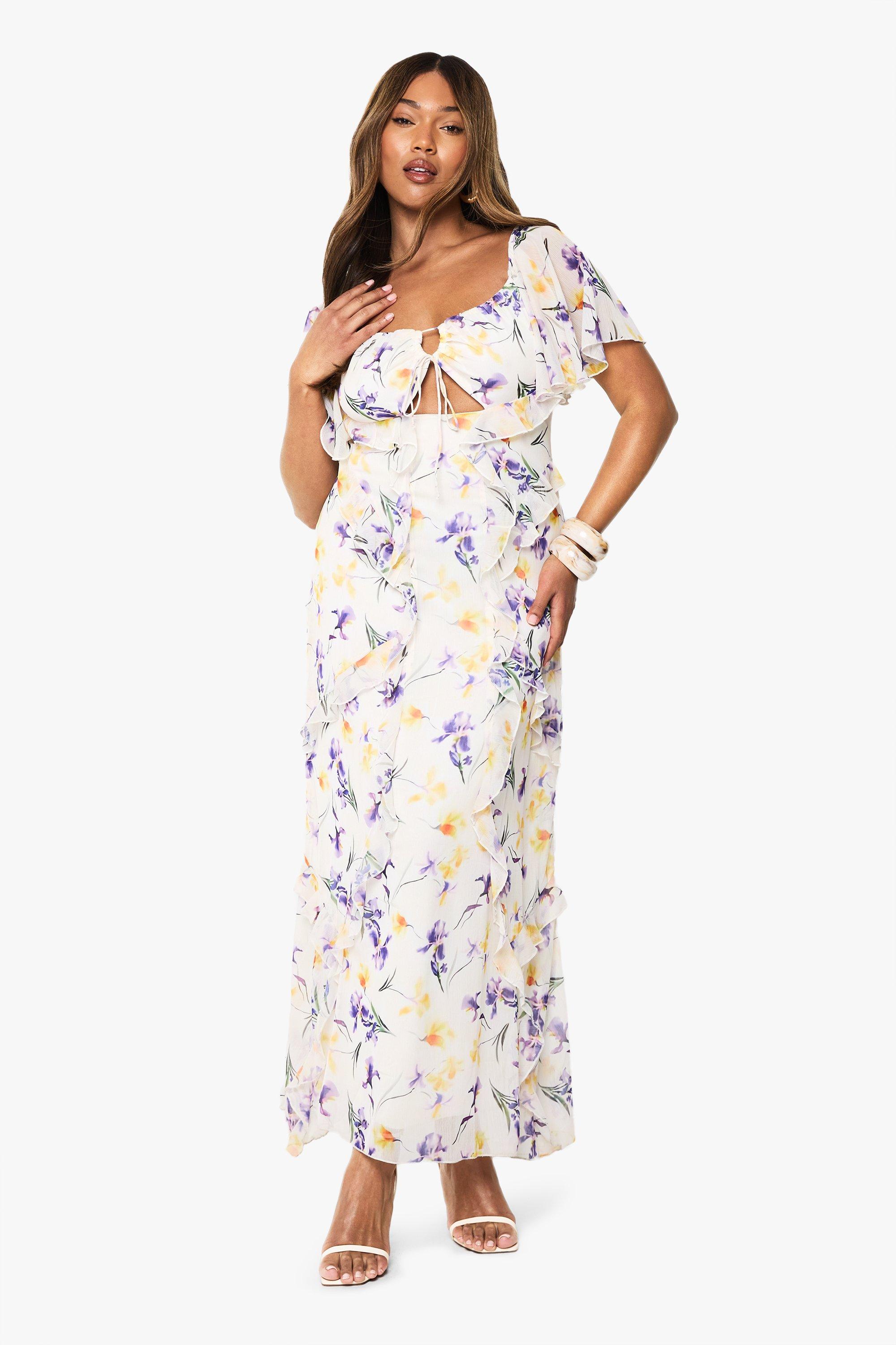 Boohoo Plus Chiffon Maxi Jurk Met Print En Engelenmouwen, Ivory