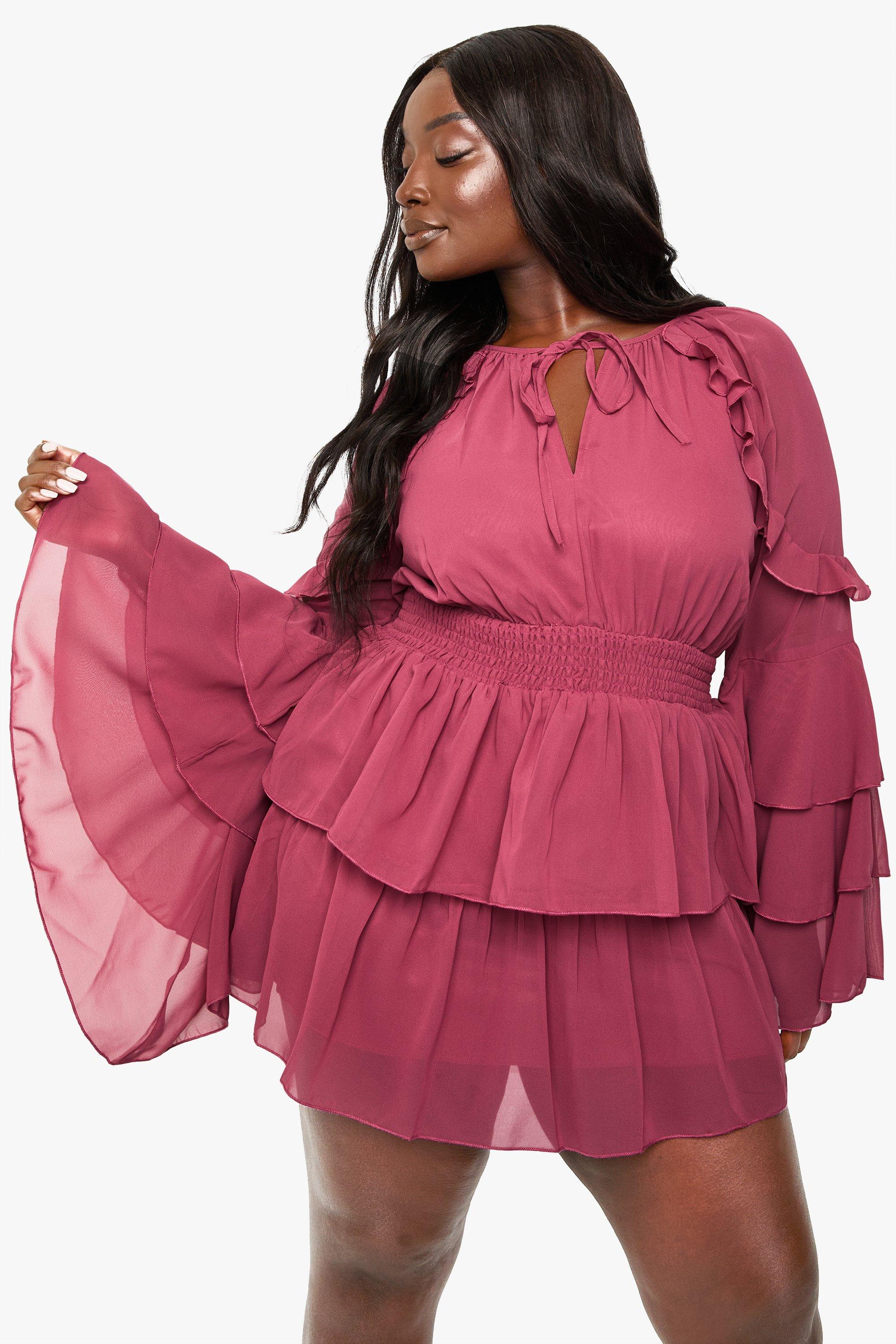 Boohoo Plus Chiffon Ruffle Sleeve Skater Dress, Rose
