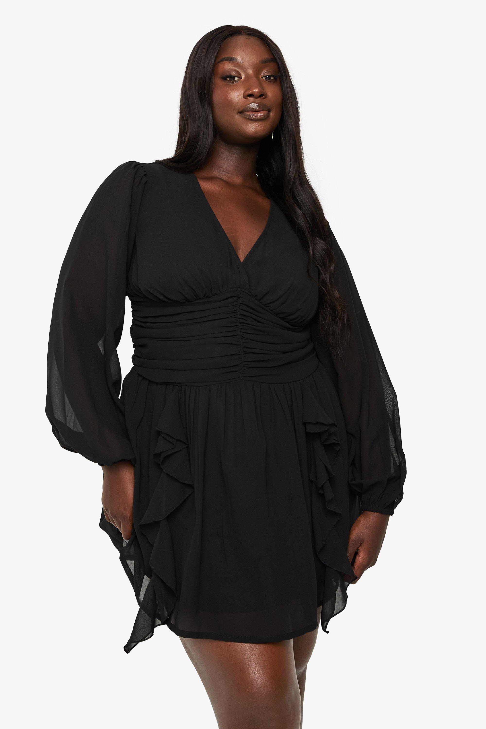 Image of Vestito Skater Plus Size in chiffon con arricciature, Nero