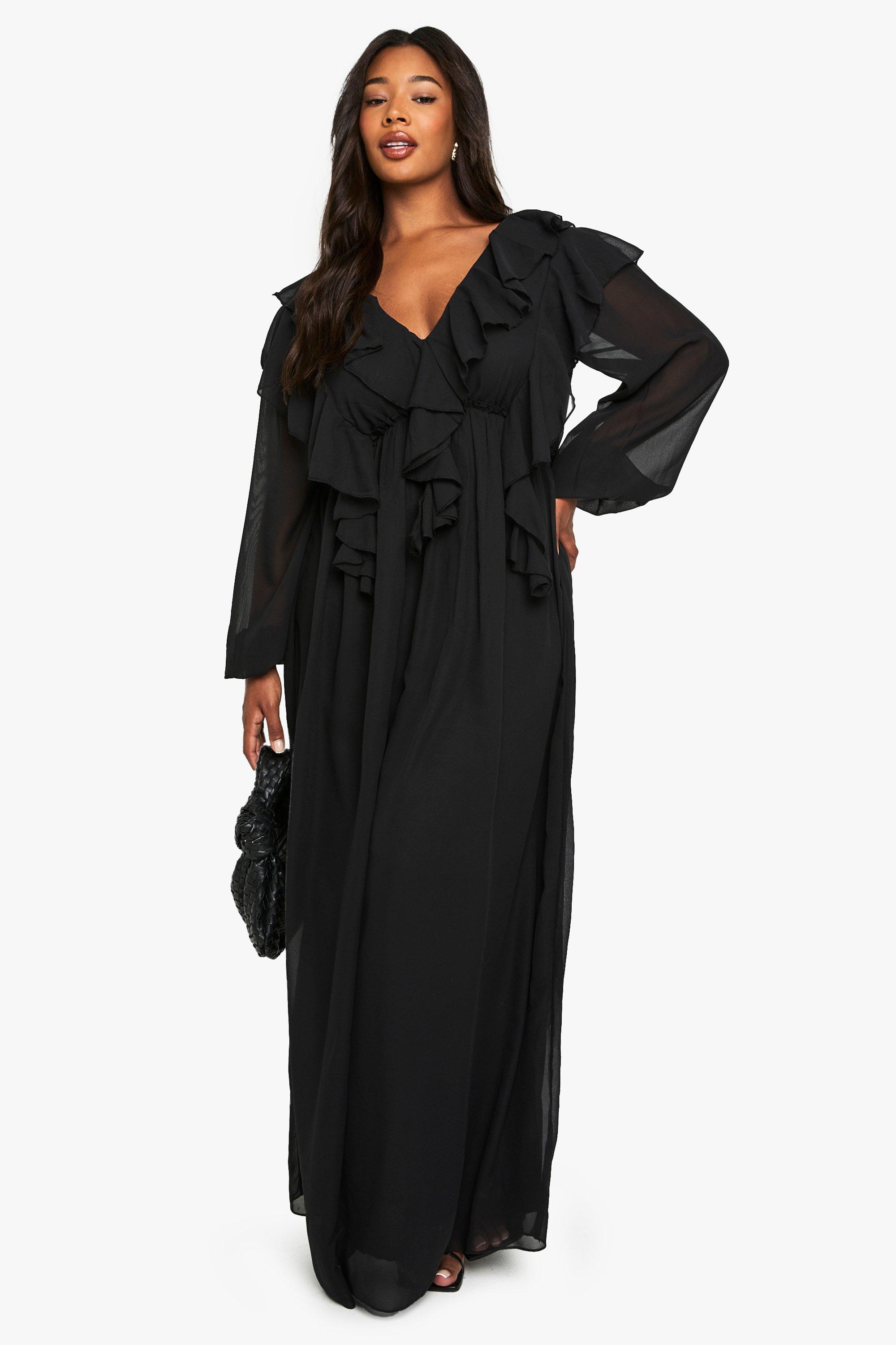 Boohoo Plus Chiffon Maxi Skater Jurk Met Ruches, Black