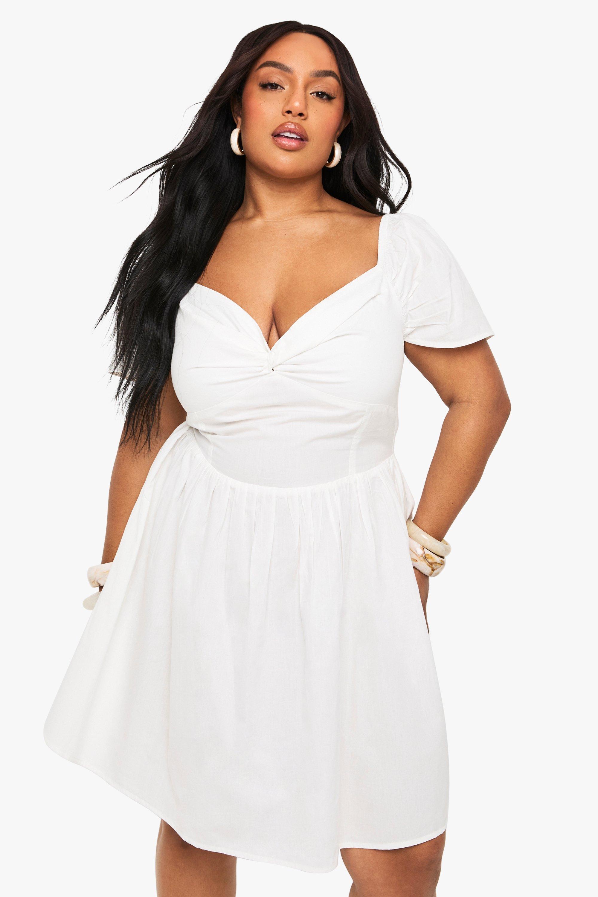 Boohoo Plus Cotton Twist Front Detail Skater Dress, White