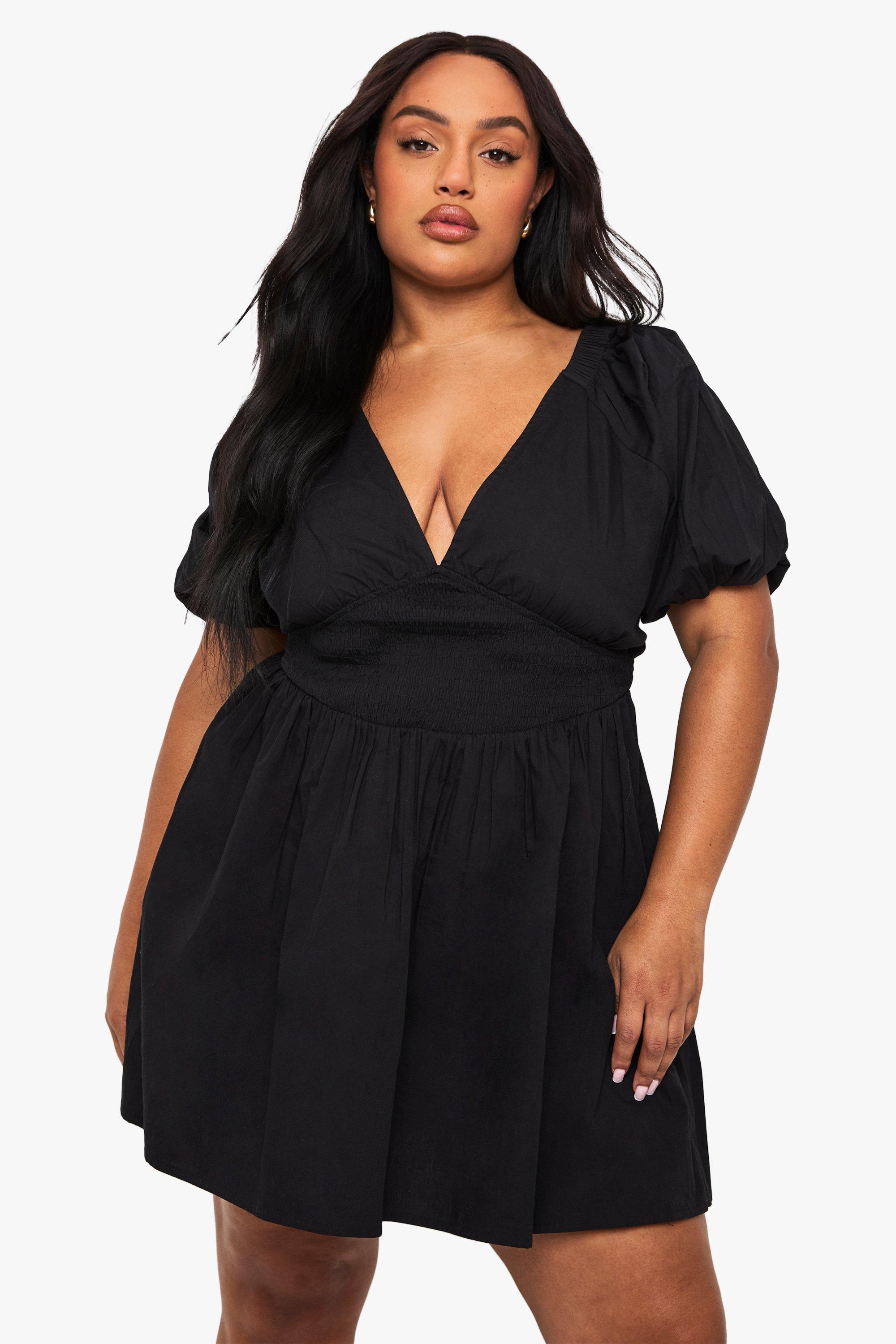 Boohoo Plus Katoenen Skater Jurk Met Pofmouwen En Rug Strik, Black